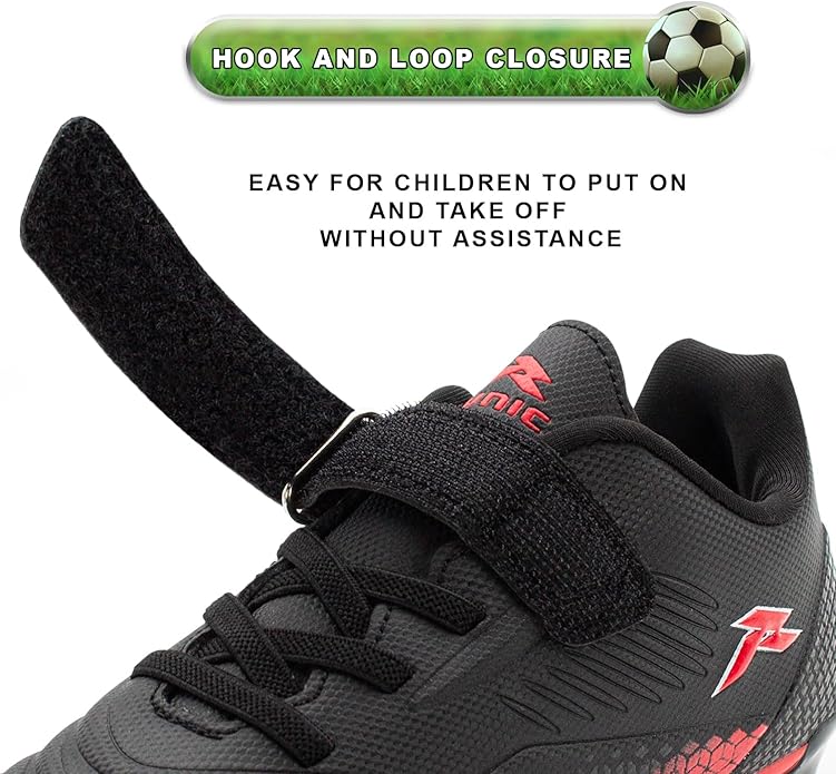 RUNIC Kids Soccer Cleats for Boys and Girls - Small and Big Kid Athletic Outdoor Football Shoes - Firm Ground - Hook and Loop Closure - Black/Gold
