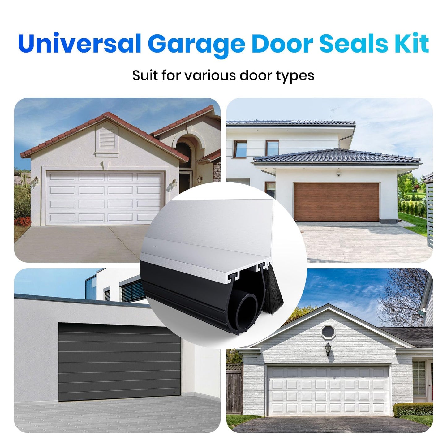 Professional Garage Door Seal Kit Fit for Steel/Wood Doors, Aluminum Garage Door Seal Track with 2" Brush+u+o EPDM Rubber Weatherstrip Dust & Heat Resistant，-40°f to 240°f, Pre-Drilled Holes (16.5 Ft)