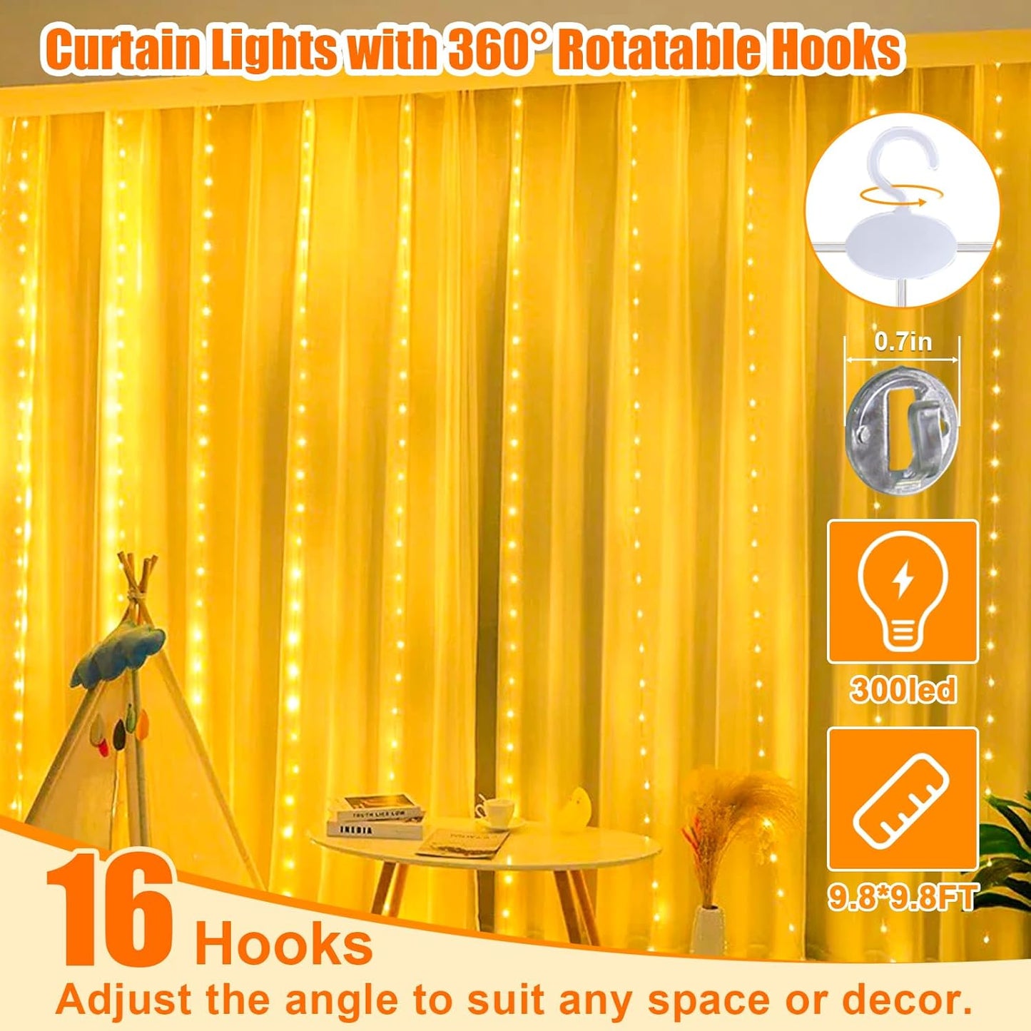 Skiennix Curtain Light - 300 LED Fairy String Lights with Remote & 8 Modes | 9.8ft x 9.8ft Warm White Decor