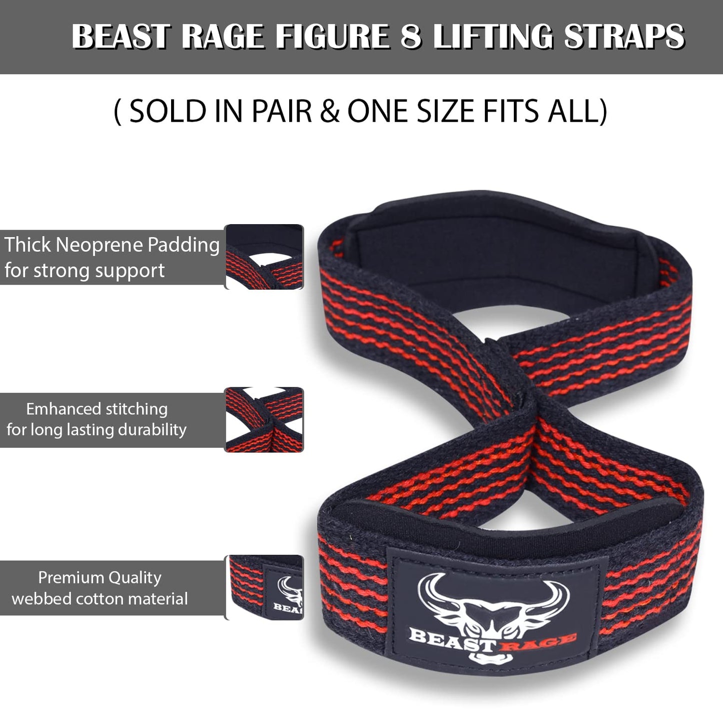 BEAST RAGE Heavy Duty Lifting Wrist Straps for Weightlifting, Figure 8 Loop Powerlifting Deadlift Strap wraps Weights Padded Support Professional Fitness Gym Bodybuilding (Red)