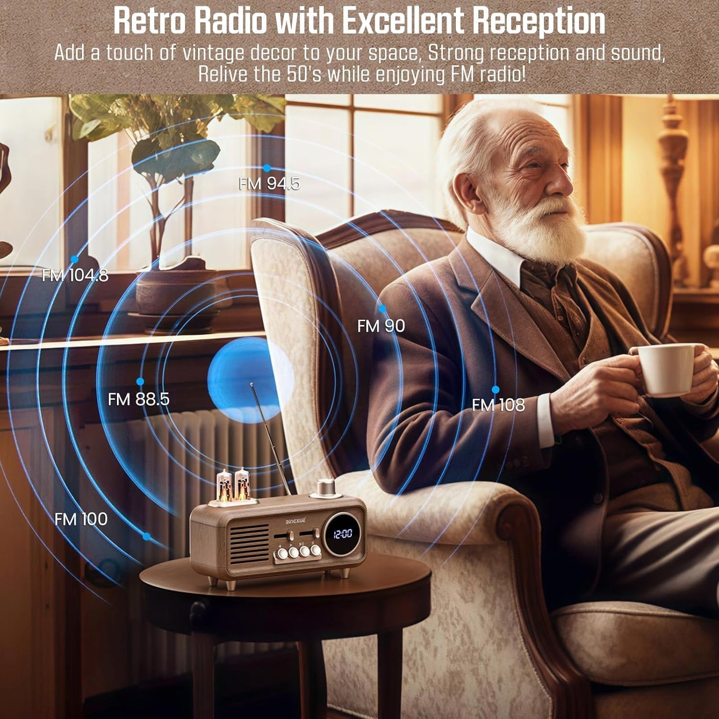 Bingxue Speaker,12/24H Retro Radios FM Portable Bluetooth Small Plug in Vintage Clock Radio with USB/AUX/TF Card