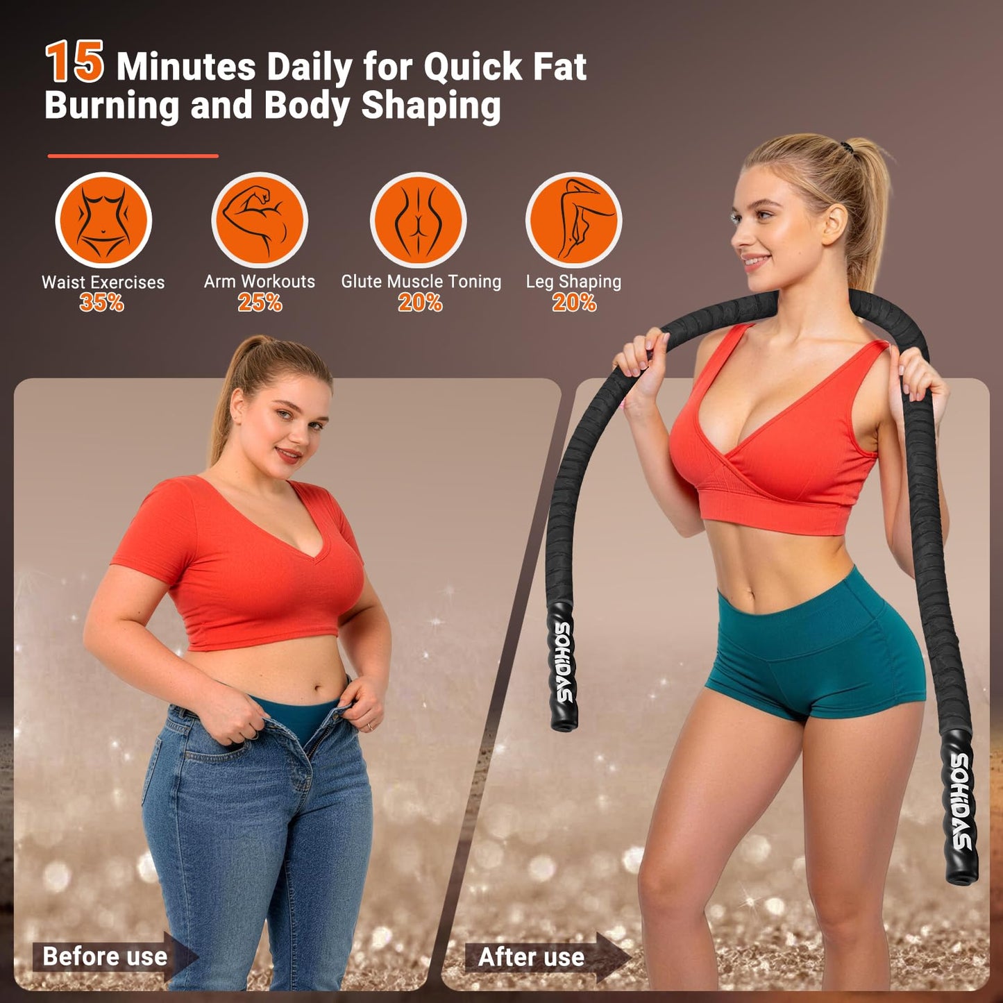 SOHIDAS Weighted Jump Rope for Men Women, 3.68LB Adult Jump Ropes for Fitness Heavy Skipping Rope, Jumping Rope for Training Muscle Speed Home Gym Workout Equipment Exercise Jumpropes Weight Loss