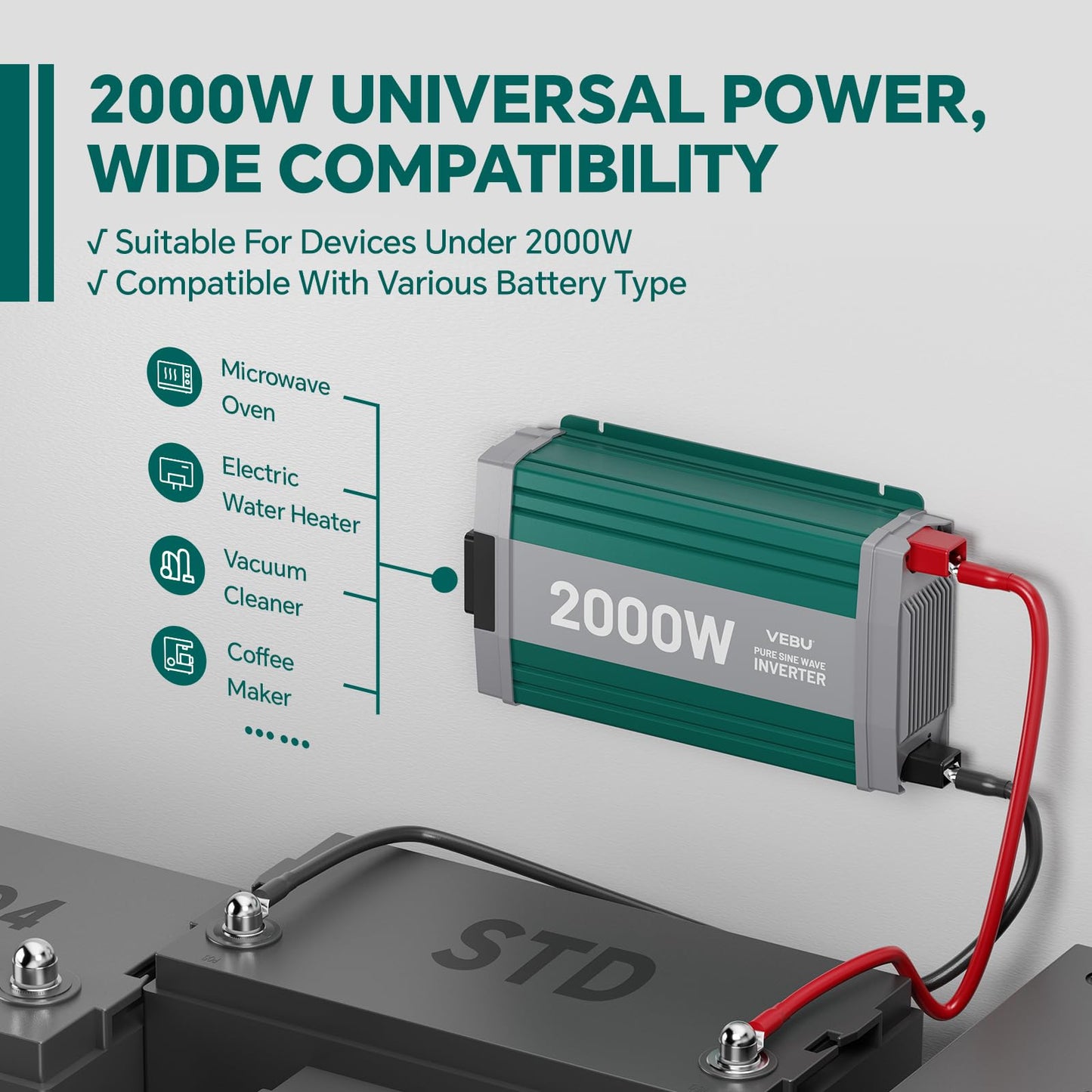 VEBU 2000W Pure Sine Wave Inverter with ATS Mode, 12V DC to AC 120V Converter for Off-Grid System, RV, Truck, Camping, Peak 4000W