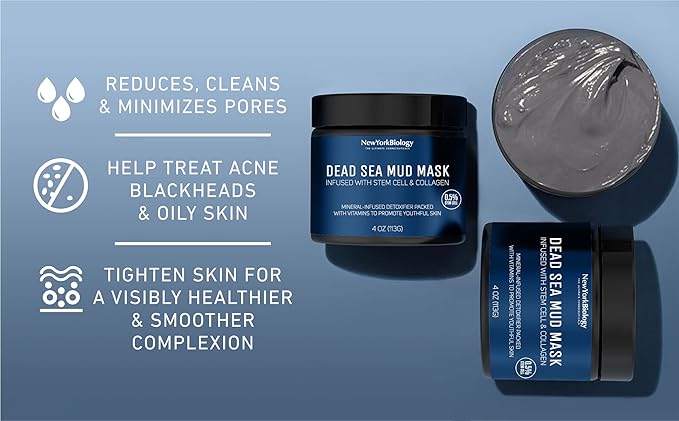 New York Biology Dead Sea Mud Mask for Face, Body | with Stem Cell and Collagen | Spa Quality Pore Refiner for Oily Skin | Natural Skincare for Women, Men | Tighten Skin | 4 oz (Pack of 2)