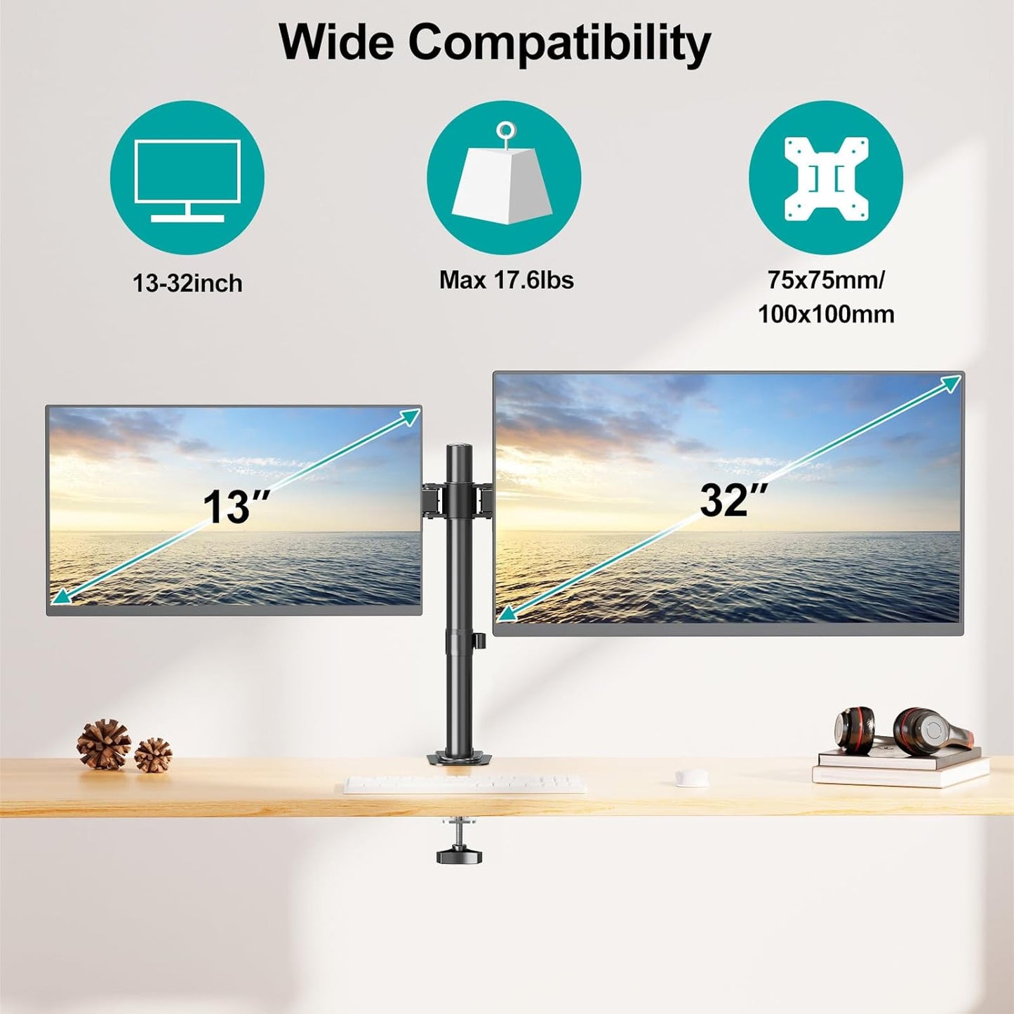 MOUNT PRO 13-32 Inch/17.6lbs 2 75x75/100x100mm Dual Monitor Mount Fits LCD Screen, Computer Monitor Desk Mount