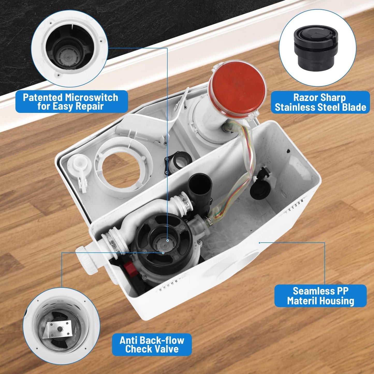 800W Macerating Toilet with Pump–Upflush Toilet System for Basement/Attic, 4 Water Inlets & AC Vent, 36ft Vertical Lift, Dual Flush, Easy Install,17.7" Elongated Toilet