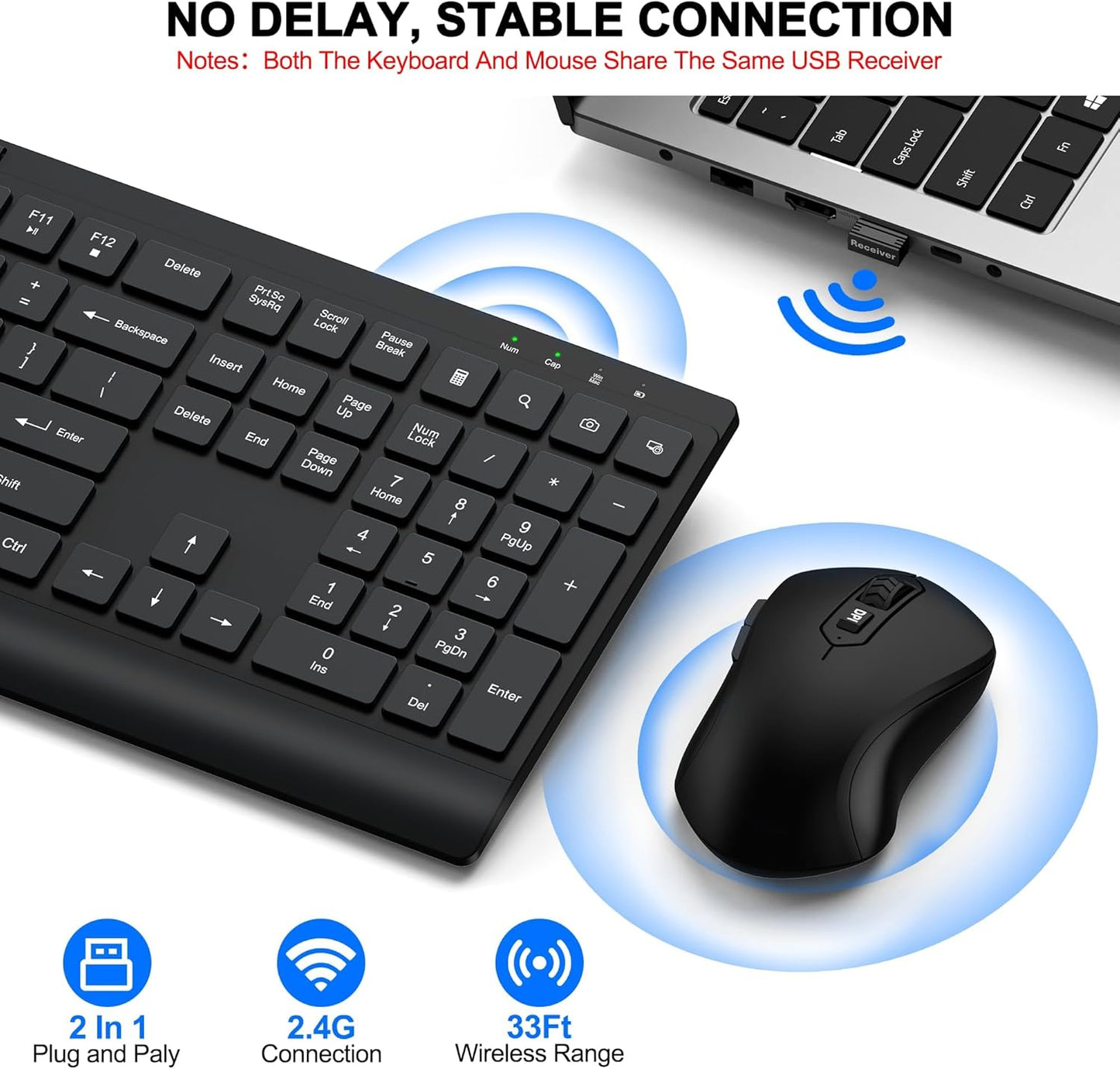 EDJO 3 2.4G Wireless Keyboard and Mouse Combo, Full Size Quiet Key Computer Keyboard and Cordless Mice with DPI