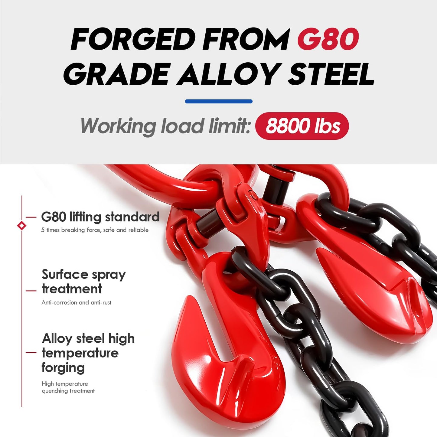 Shipping Container Loading Chain (1/2" x 5'), Container Chain Bridle Hooks G80 with V-Chain, Suitable for Cargo, Warehousing and Handling