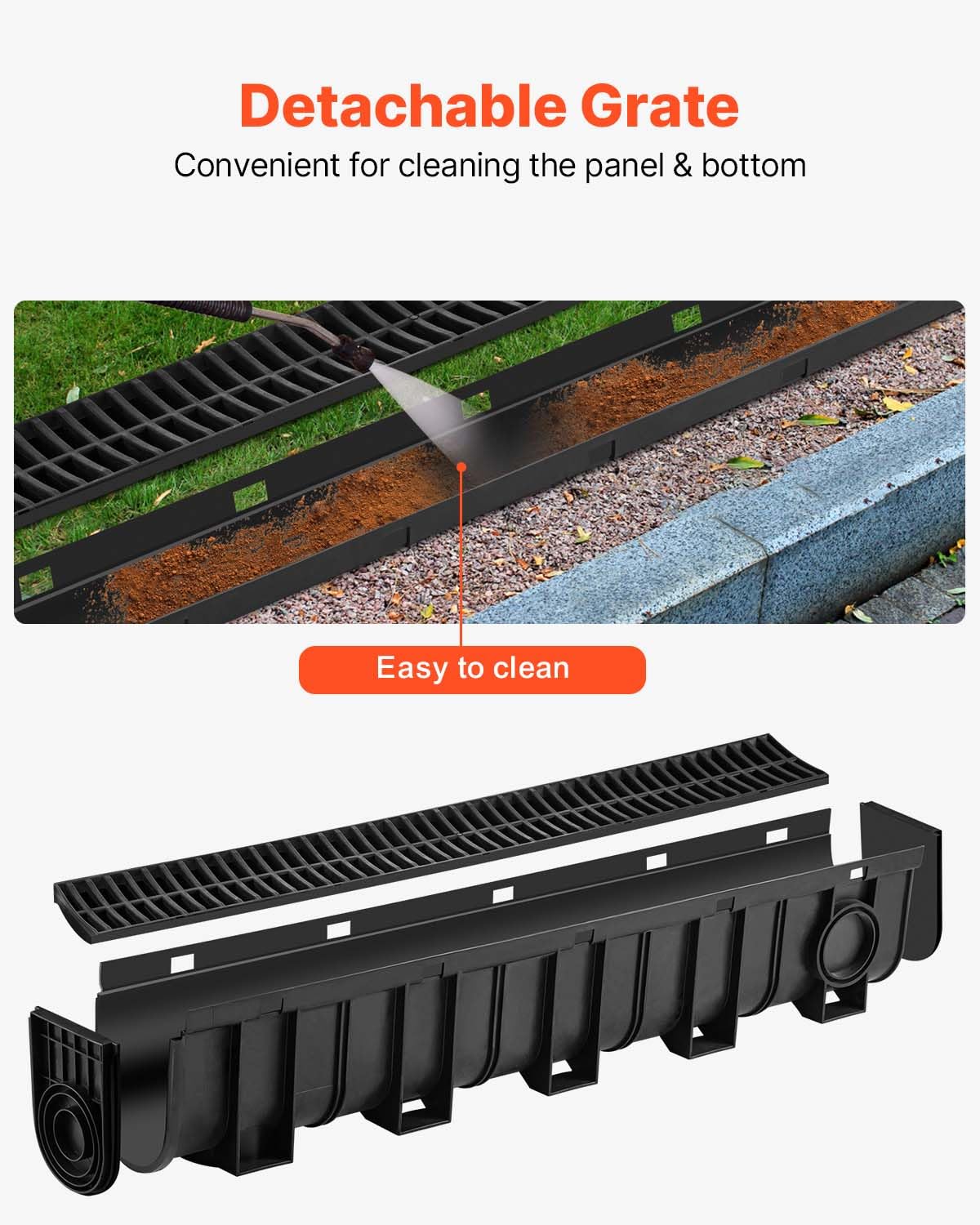 VEVOR Trench Drain System 4 Pack, Channel Drain with Plastic Grate 5.9 x 7.5 in HDPE Drainage Trench, Black Plastic Garage Floor Waterway 4 x 39 in with 4 End Caps for Garden Driveway