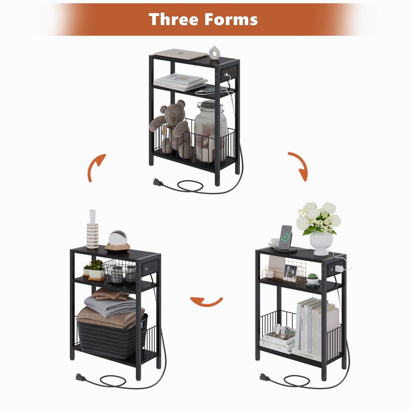 TRIFEBLE Narrow Side Table with Charging Station, Small End Table for Small Spaces, Slim Nightstand with Storage Basket, 3 Tier Skinny Bedside Table for Living Room, Bedroom, Black