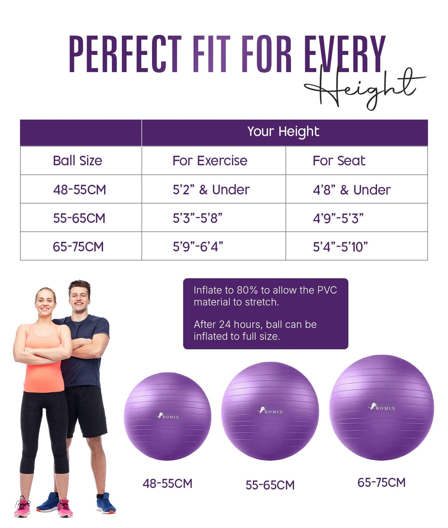 ROMIX Exercise Ball for Yoga, Pilates and Fitness, Anti-Burst Yoga Ball for Pregnancy with Pump, Anti-Slip Stability Balls for Home Gym Workout, Extra Thick Exercise Balls Physical Therapy, 3 Sizes
