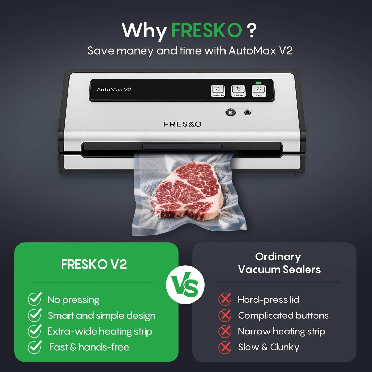 FRESKO Vacuum Sealer Machine with Automatic Bag Detection, 0.2-inch Widened Heating Strip, Compact Food Sealer, Easy to Use, Starter Kit