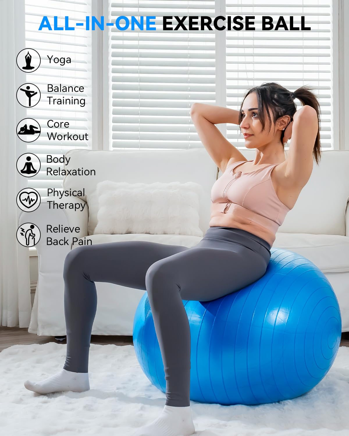 Srsrana Exercise Ball - Anti-Burst Yoga Ball for Pilates, Pregnancy & Core Stability - Ergonomic Office Desk Ball Chair & Physical Therapy Equipment, Quick Pump Included