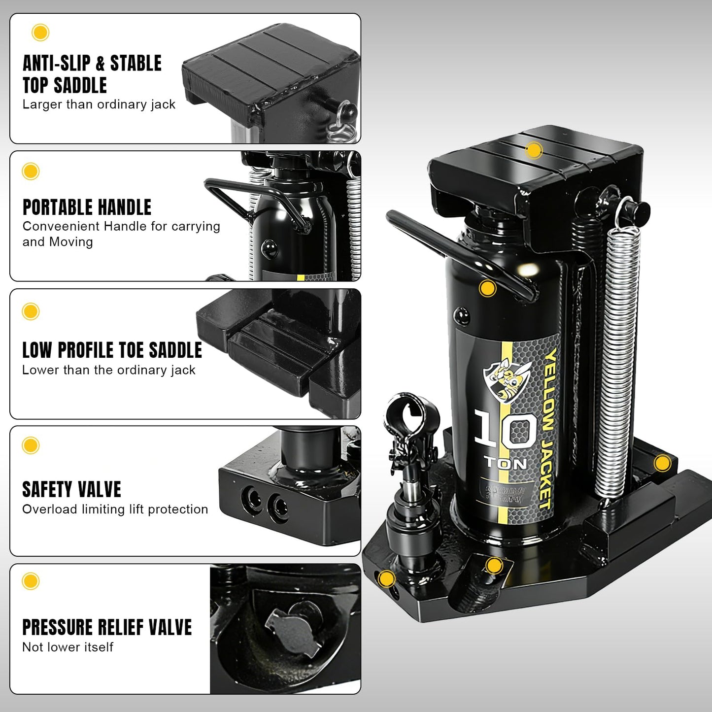 YELLOW JACKET Toe Jack, 10 Ton Saddle/5 Ton Claw 2-in-1 Low Profile Lift Jack, Heavy Duty Hydraulic Claw Jack for Automotive, Machinery, Construction, Farm, Garage