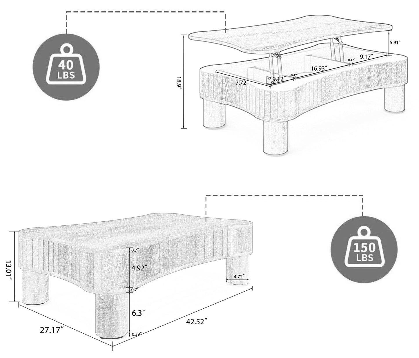 Zurnes Lift Top Coffee Table with Storage, 42" Accent Table for Living Room, Fluted Panel Hidden Storage, Silent Hydraulic Lift, Curved Corners, Easy Assembly, Black
