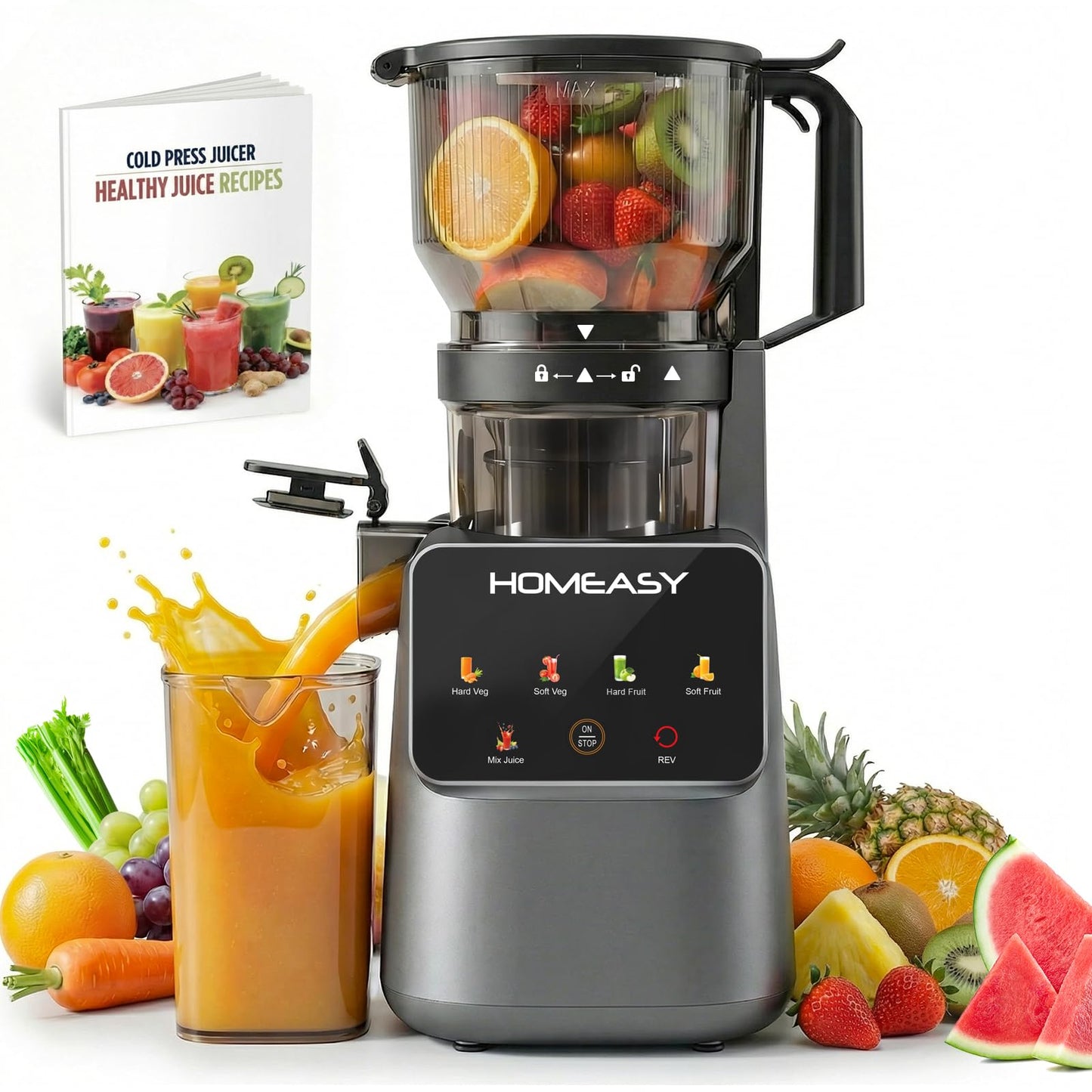 HOMEASY Cold Press Juicer Machines, 5.8'' Large Feed Chute for Whole Fruits and Vegetables, 300W Slow Masticating Juicer, High Juice Yield, 5 Smart Modes, Easy to Clean