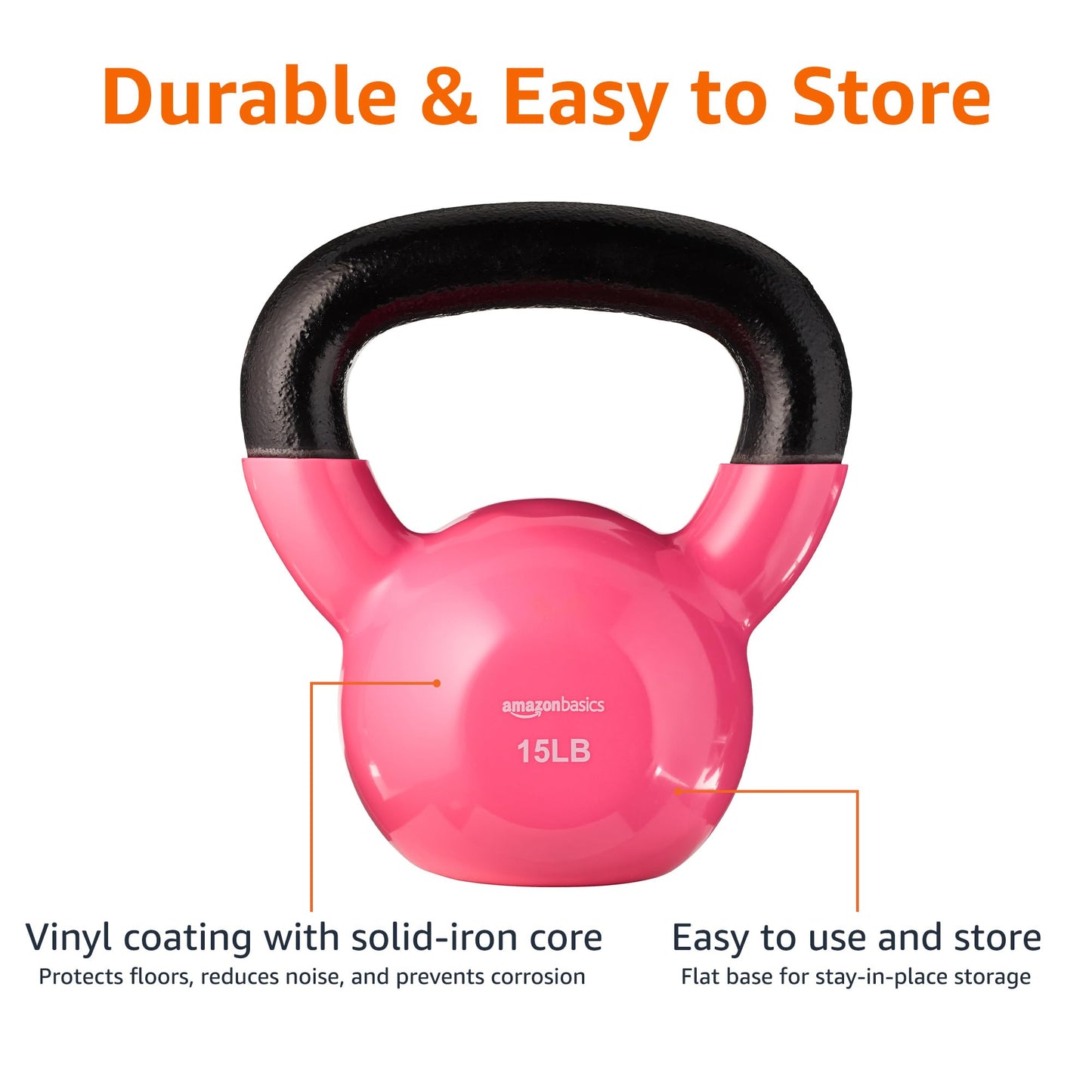 Amazon Basics Vinyl Kettlebell Weight for Strength Training, Workout, 15 Pounds, Textured Wide Handle, Pink