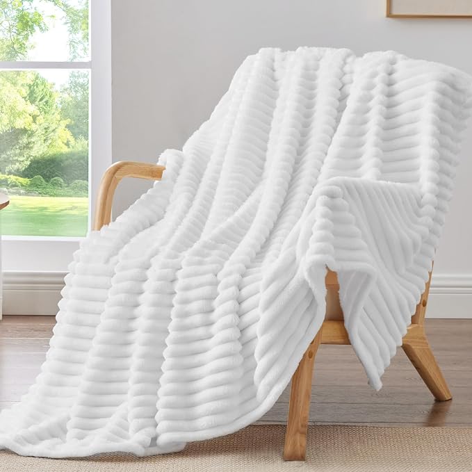 BEDELITE Twin Blanket for Couch & Bed, 300GSM Soft & Warm Fleece Blanket, Decorative and Giftable Striped White Blankets for Women, Men, 60"x80"