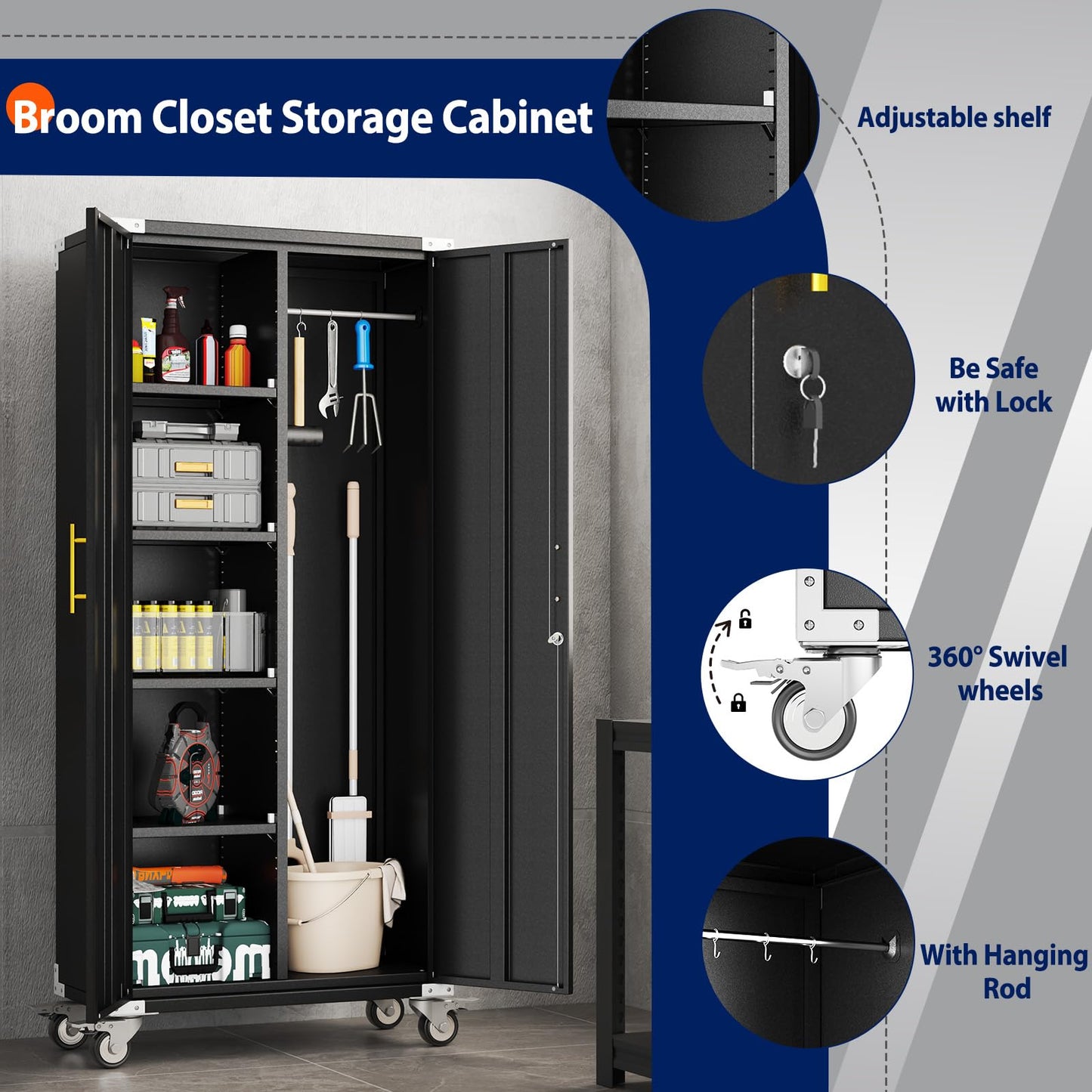 erosoei 71" Broom Storage Cabinet, Cleaning Tool Storage Cabinet, Garage Utility Storage with Hooks and Hanging Rods, Heavy Duty Garden Tool Organizer, for Home, Garage, Laundry Room, Gym, Workshop.