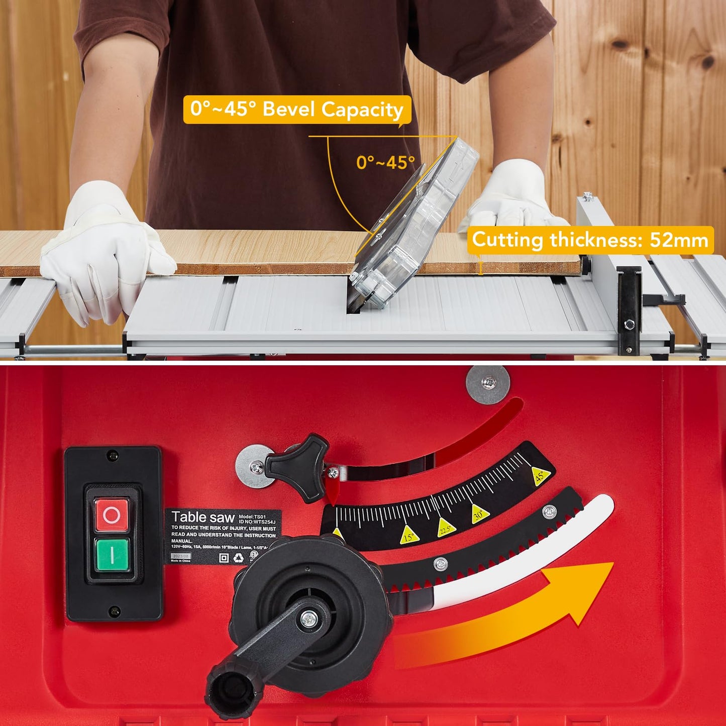 10inch 15A 5000RPM Portable Table Saw with Stand & Safety Switch, Push Stick, 90°Cross Cut & 0-45°Cutting, Multifunctional Table Saw for Woodworking or DIY Working