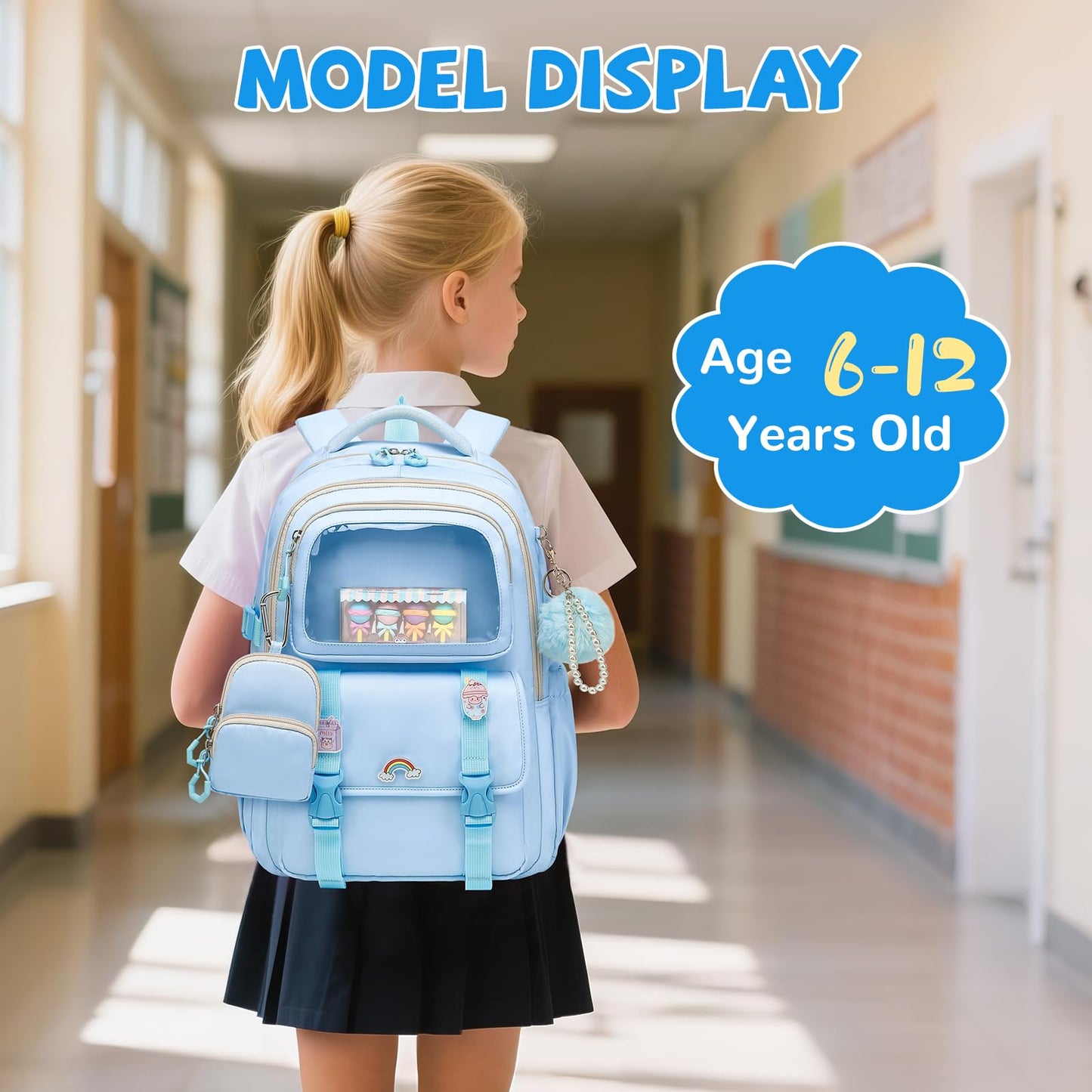 QIXIHU Girls Backpack, Kawaii Kids Backpacks for Girls Multiple Pockets School Bookbag for Girl for Primary Elementary School, Age 6-12 Years Old, Blue