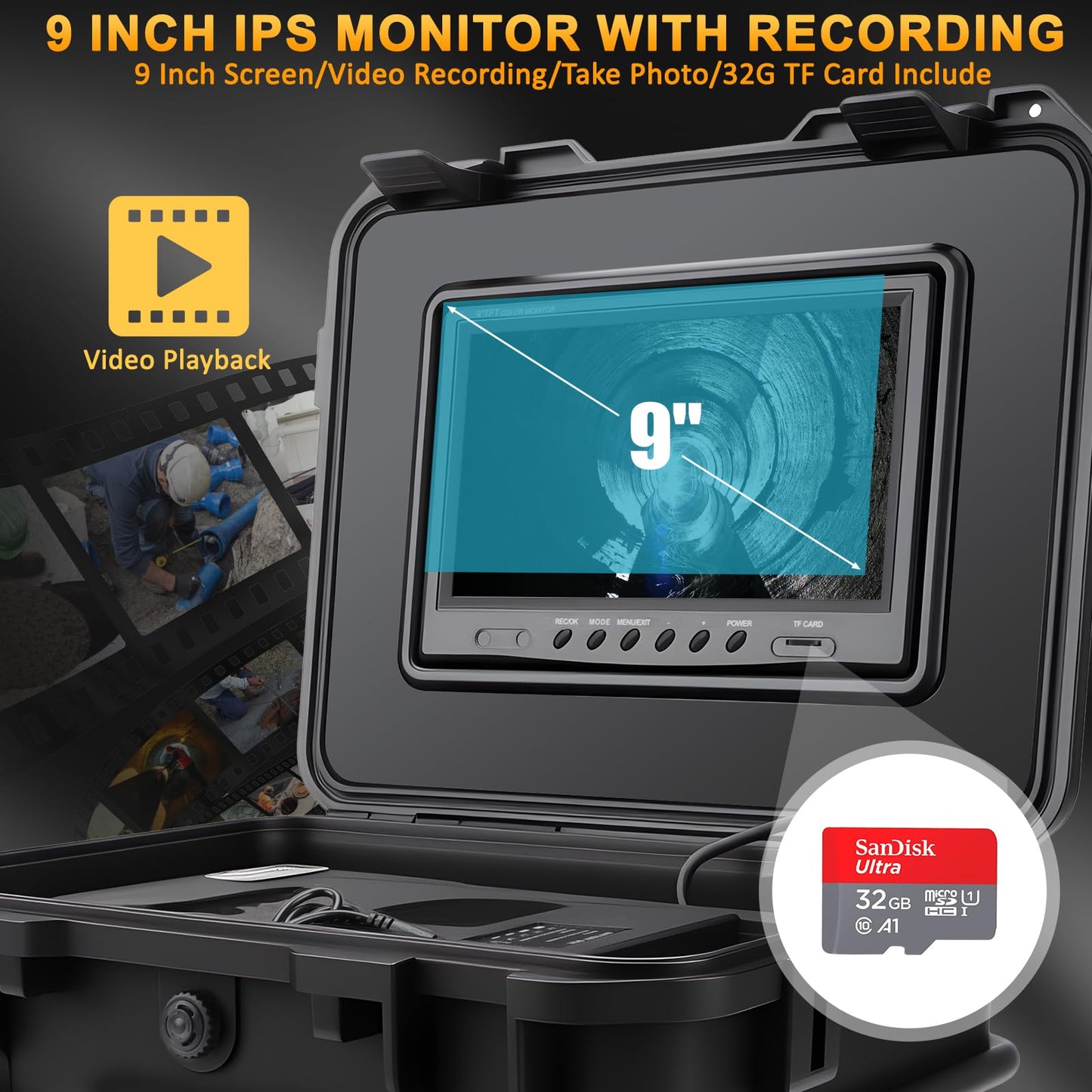 Sewer Inspection Camera, Pipe Drain Camera w/Distance Counter, Plumbing Snake Camera with light, 9'' HD IPS Screen,16X Digital Zoom,32GB Card,165FT/50M,IP68 Waterproof Borescope for Industrial Plumber