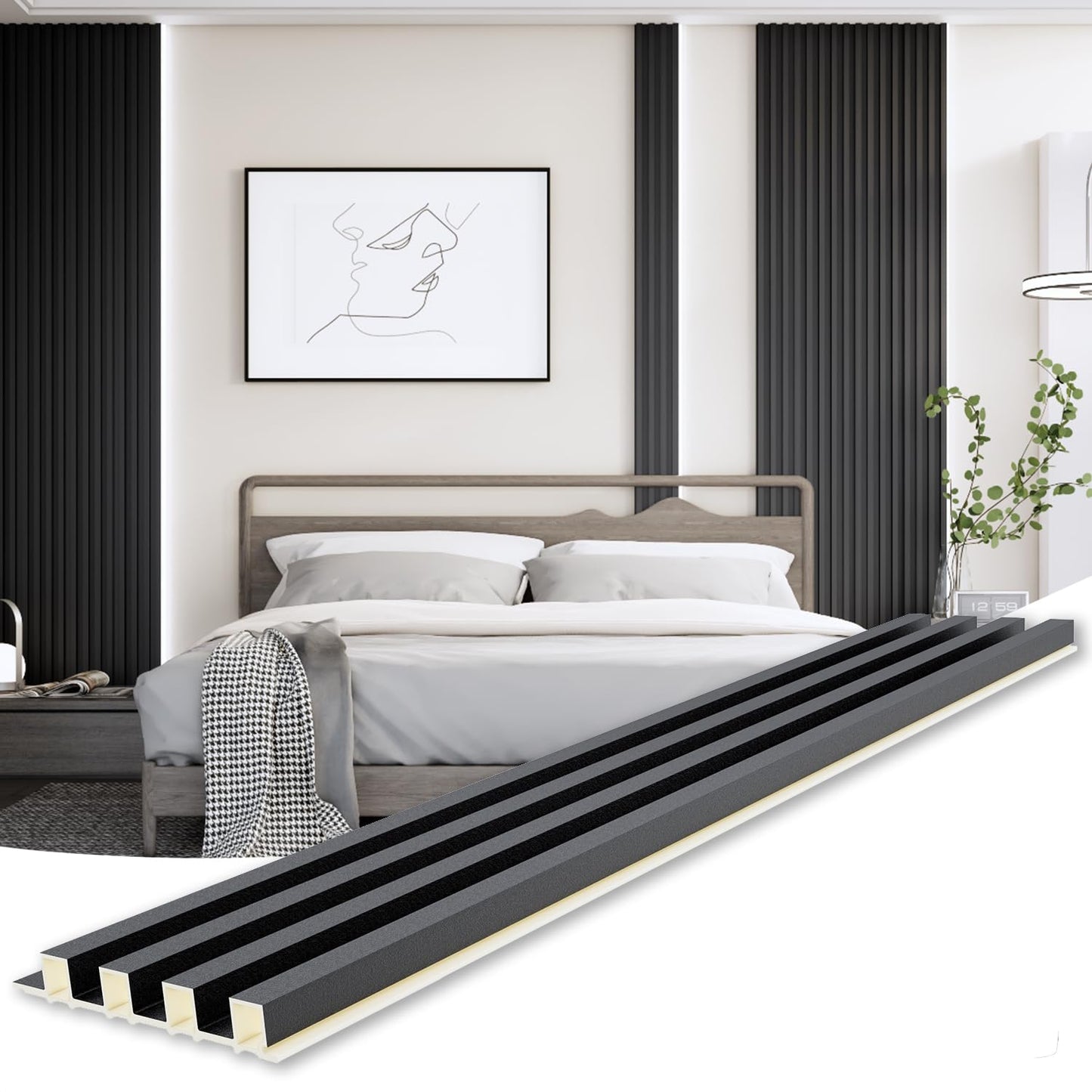 WPC Slat Wall Paneling, Modern Accent 3D Wall Panels, 8-Piece 94.5" x 6.3" TV Wall Panel, Bedroom, Living Room, Matte Black
