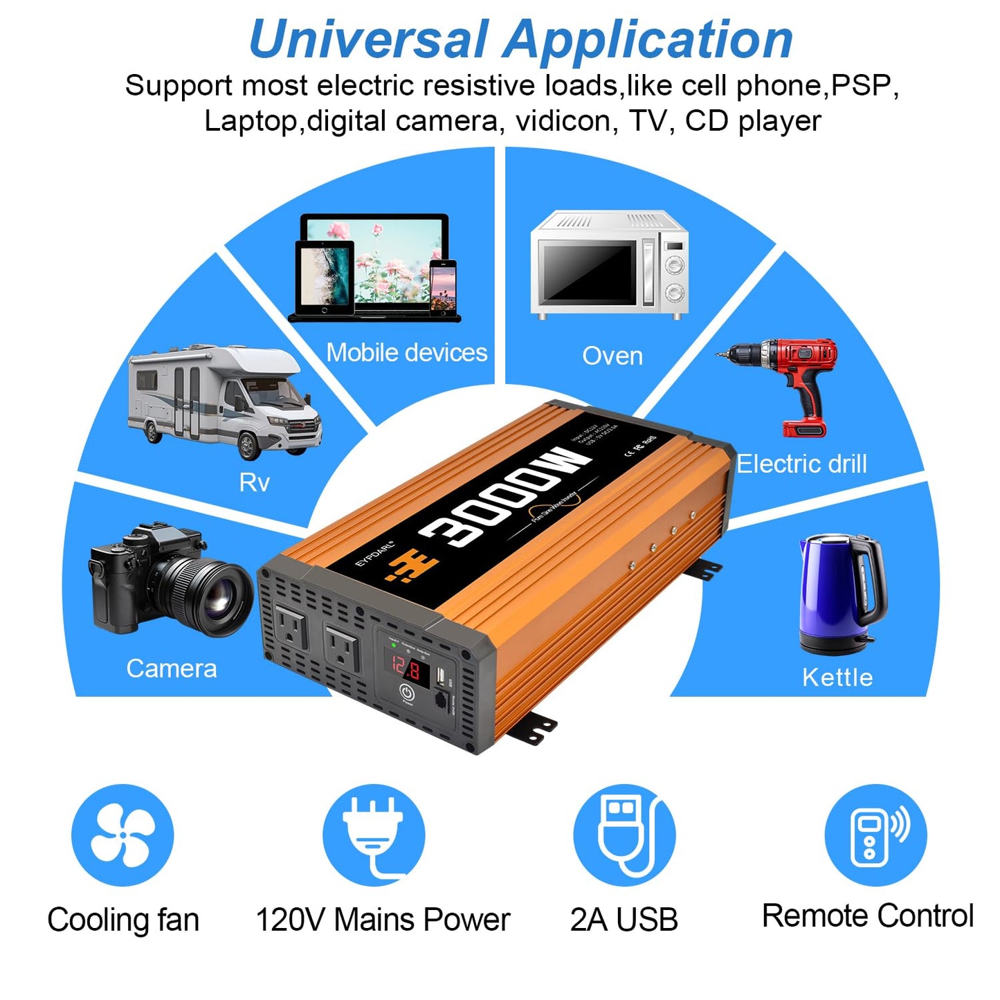 3000 watt Power Inverter Pure sine Wave 3000W 12v to 110v for car Vehicles Truck Camping Solar Panel Power Converter with Clamps and Remote car Power inverters 3000W