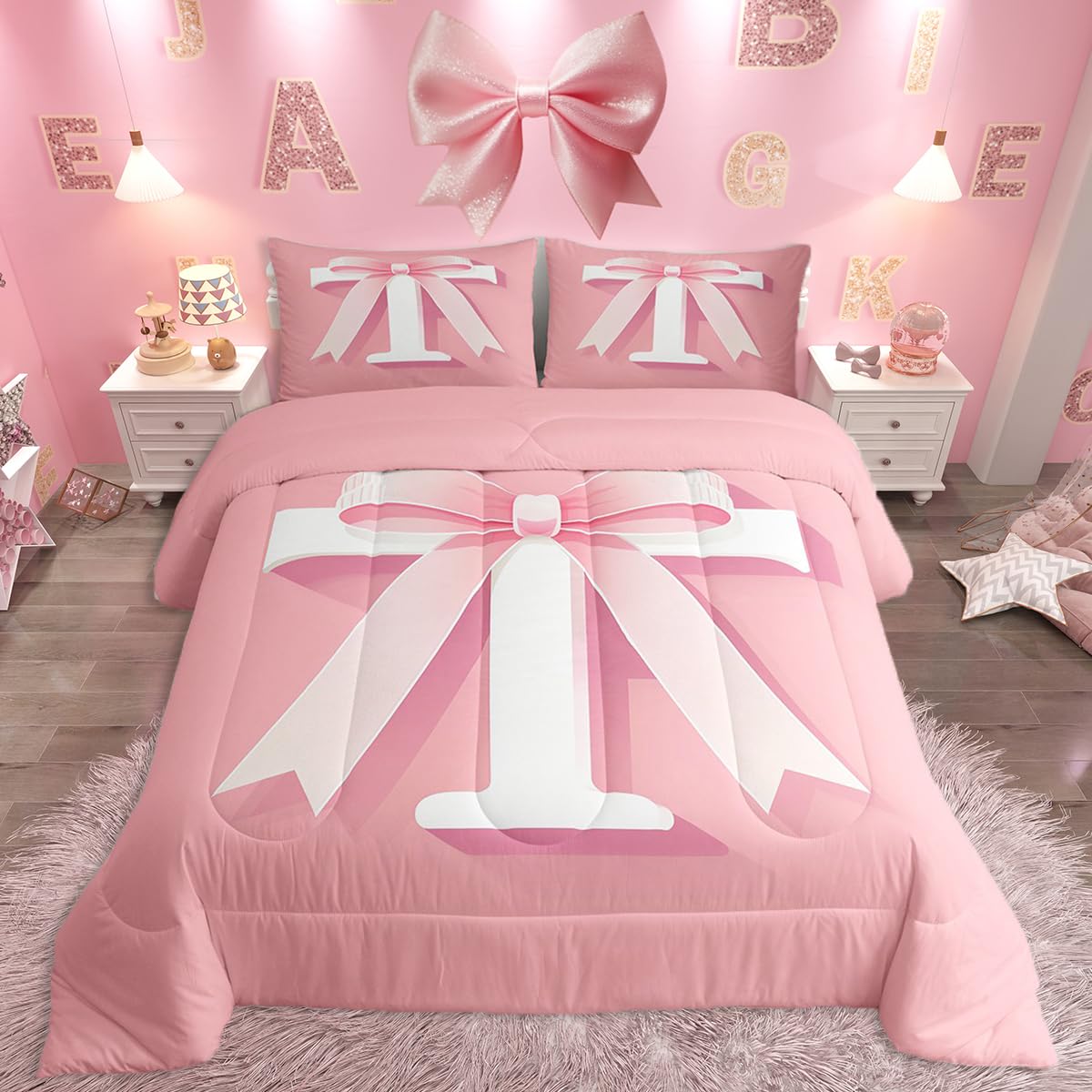 jejeloiu Kawaii Pink Bow Bedding Set, Queen Size, Decor Teen Girl Gifts Personalized Initial T Bedding Set, Ultra Soft Monogrammed Comforter Modern Fashion,Duvet Set Room Decor Quilt Set