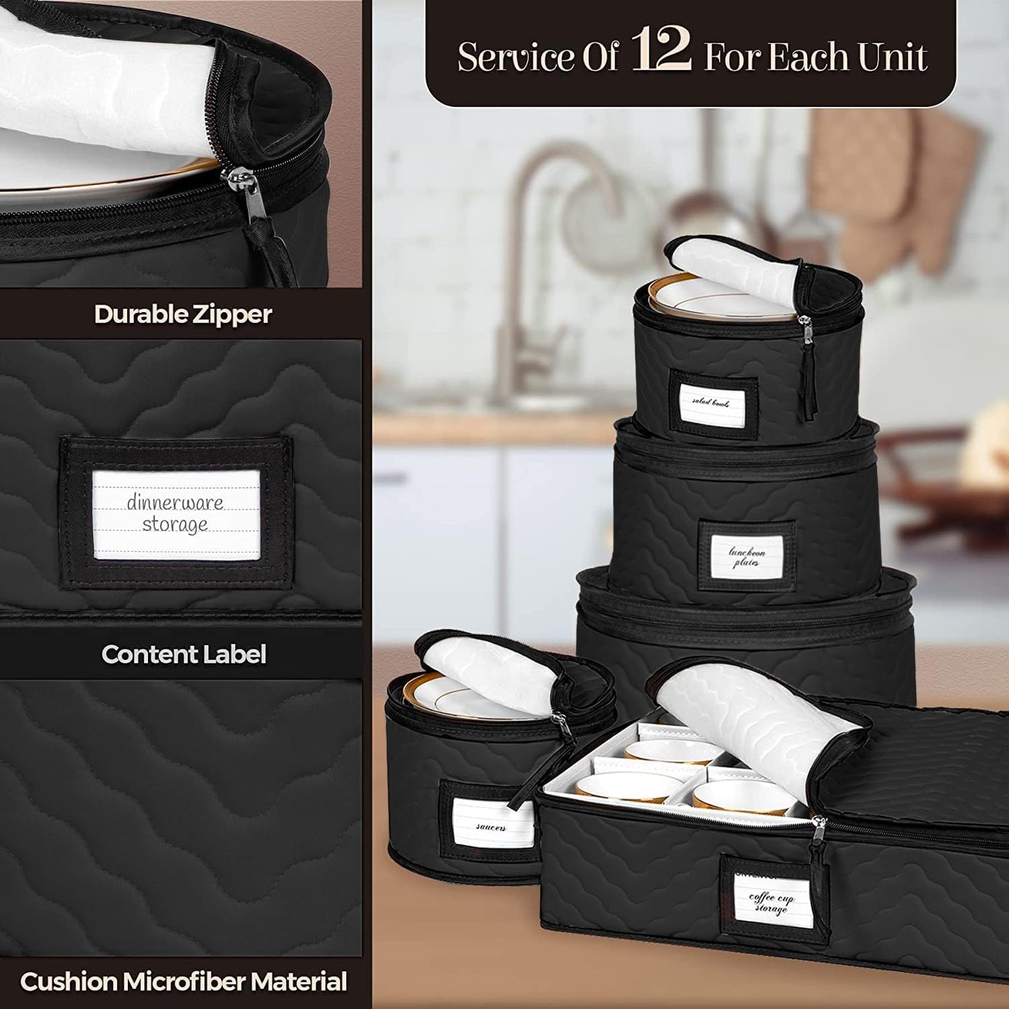 China Storage Containers 5-Piece Set - Sturdy Quilted Microfiber Dish Organizer for Dinnerware, Black