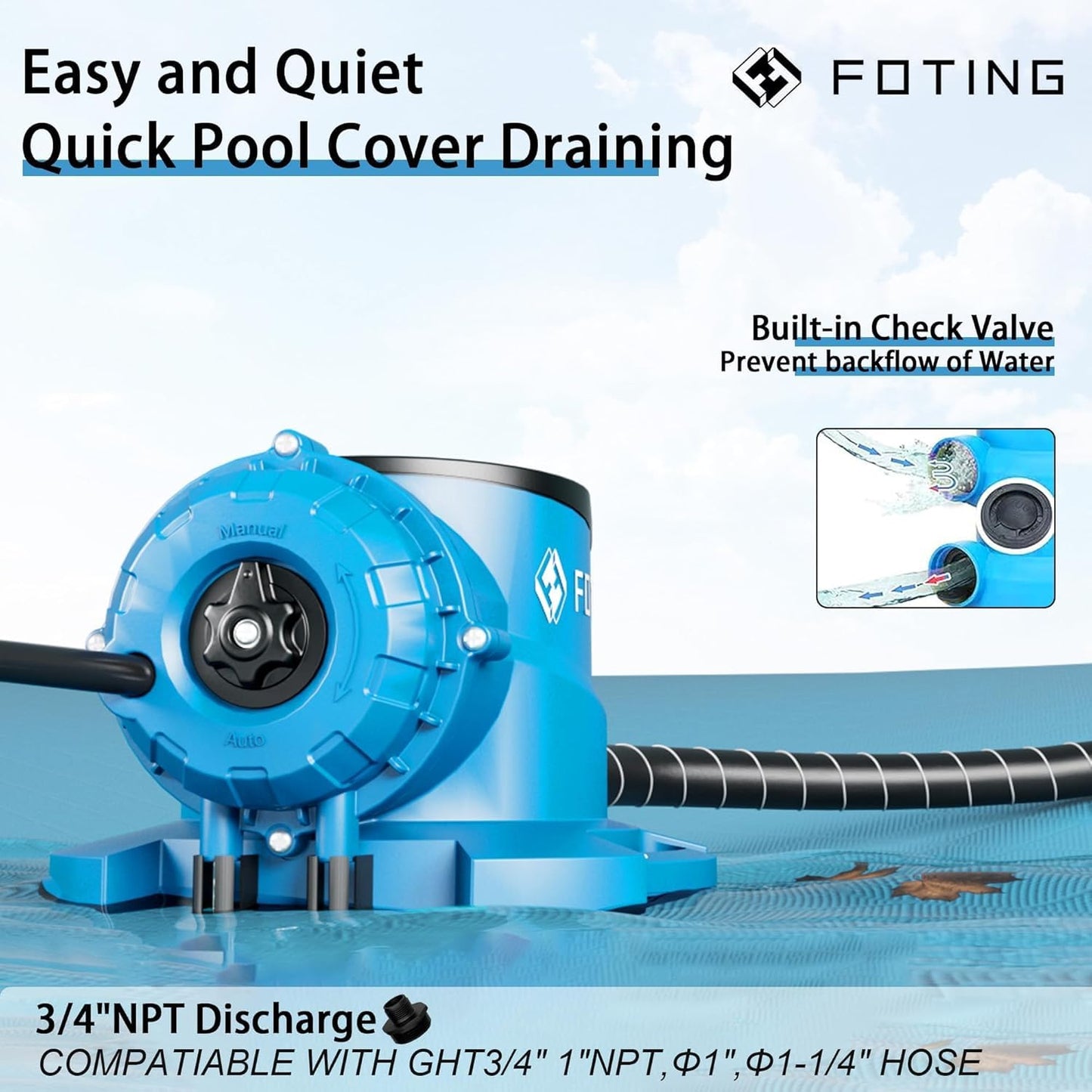FOTING 1/3HP 2250GPH Automatic Swimming Pool Cover Pump,Submersible Water Pump, Water Removal with 3/4” Check Valve Adapter & 25ft Power Cord, Drainage for Ponds, Rooftops, Water Beds,Blue