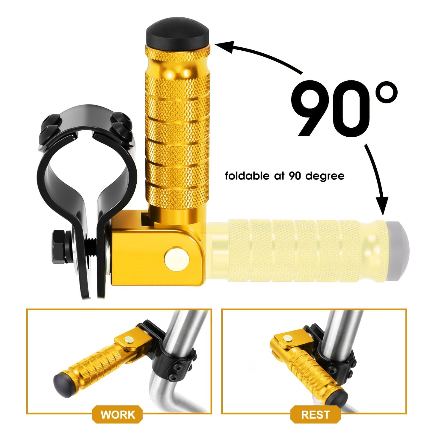 90 Degree Foldable Footpegs M8 Motorcycle Foot Pegs CNC Anti-Skid Footrest Passenger Pedal for Motorbike Mini Bike Dirt Pit Bike (Gold)