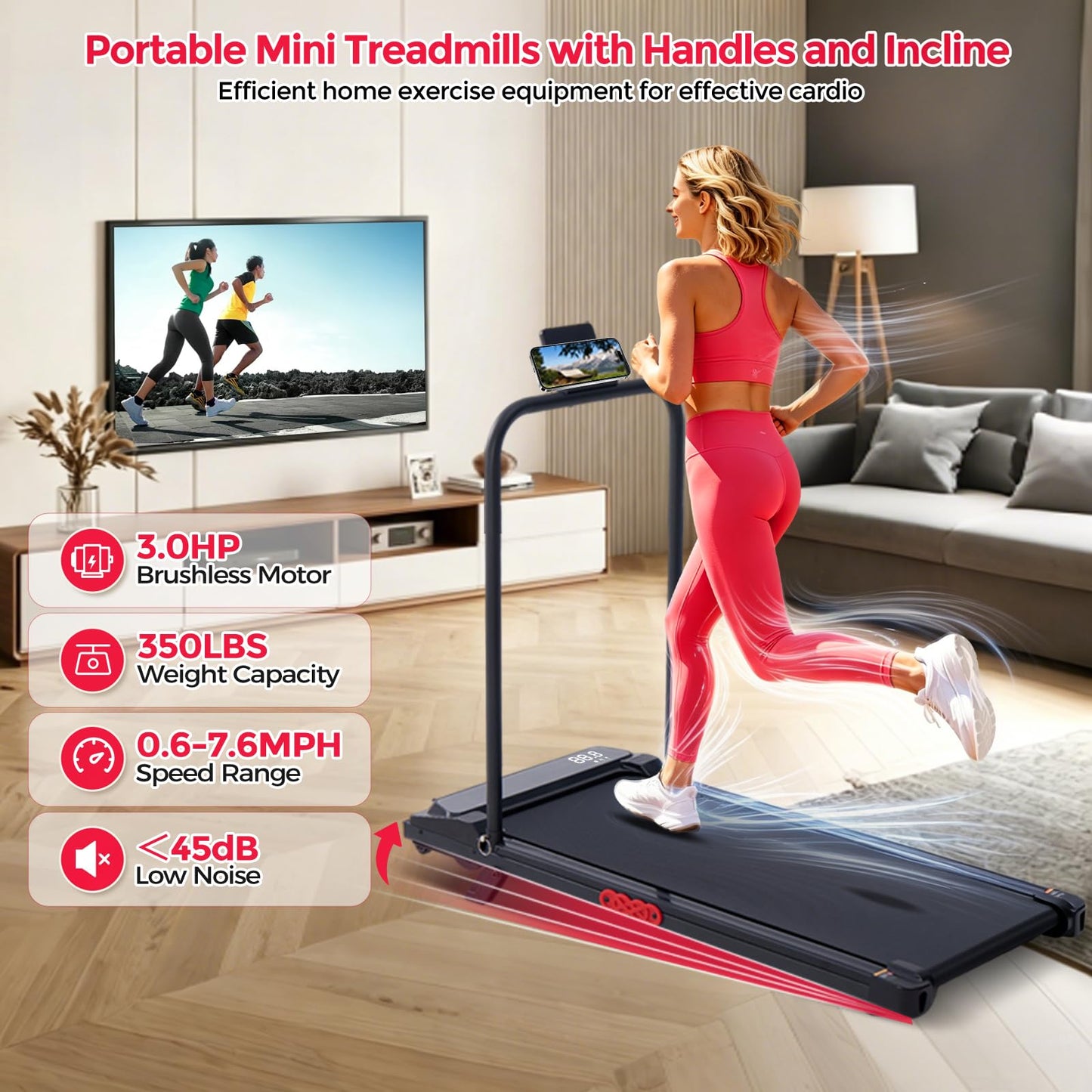 Walking Pad Treadmill with Incline, 3.0HP Portable Mini Walking Pad Treadmill with Handle Bar, 0.6-7.6MPH Small Under Desk Treadmill for Home Small Spaces, 350LBS Electric Treadmills with Handles
