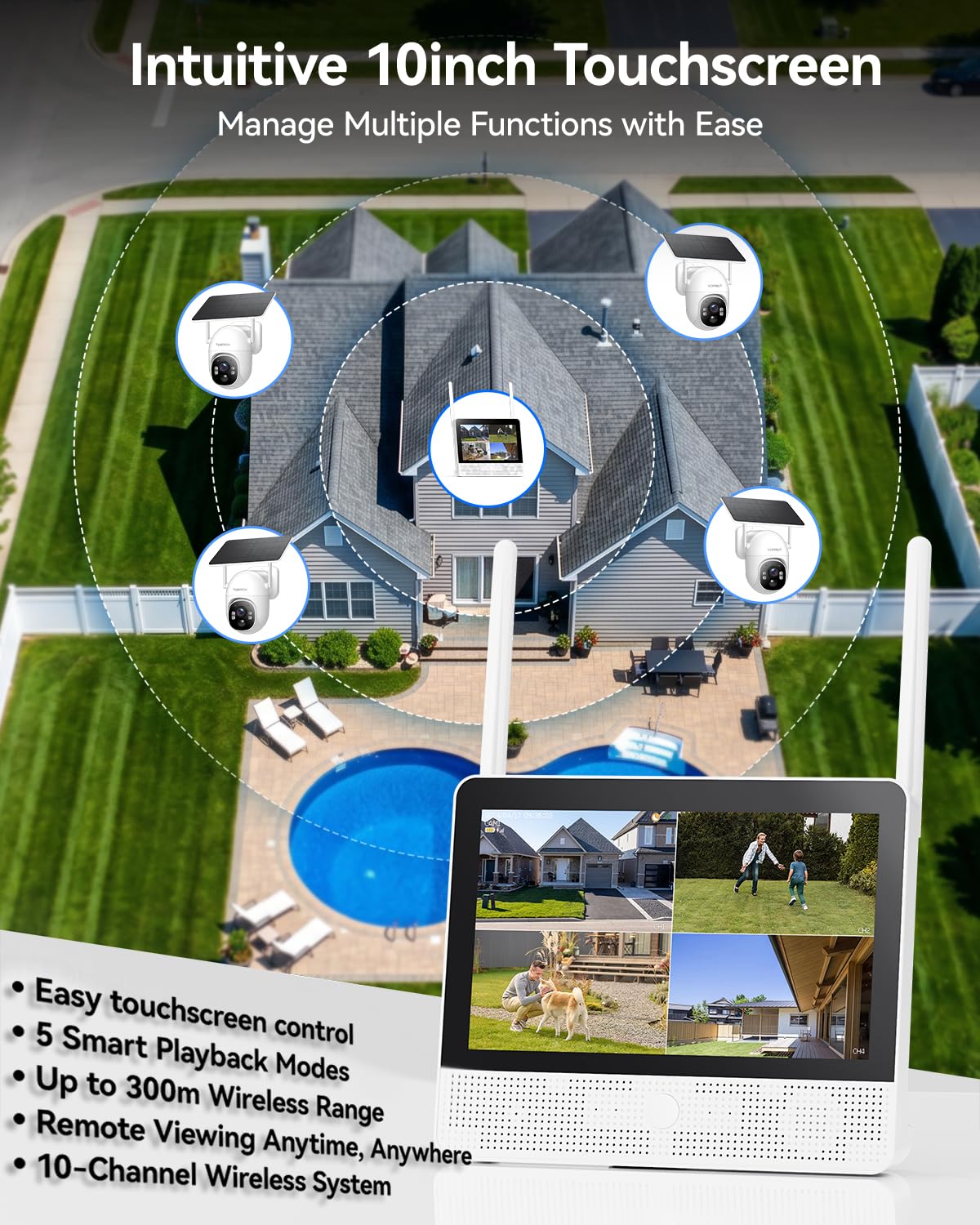 Solar Security Cameras Wireless Outdoor System with 10'' Touch Monitor 10CH NVR, 4MP WiFi6 Cameras for Home Security, 355° Pan 90° Tilt, Night Color, 2-Way Audio, 500G HDD, 0 Monthly Fee, 2 Cam-Kit
