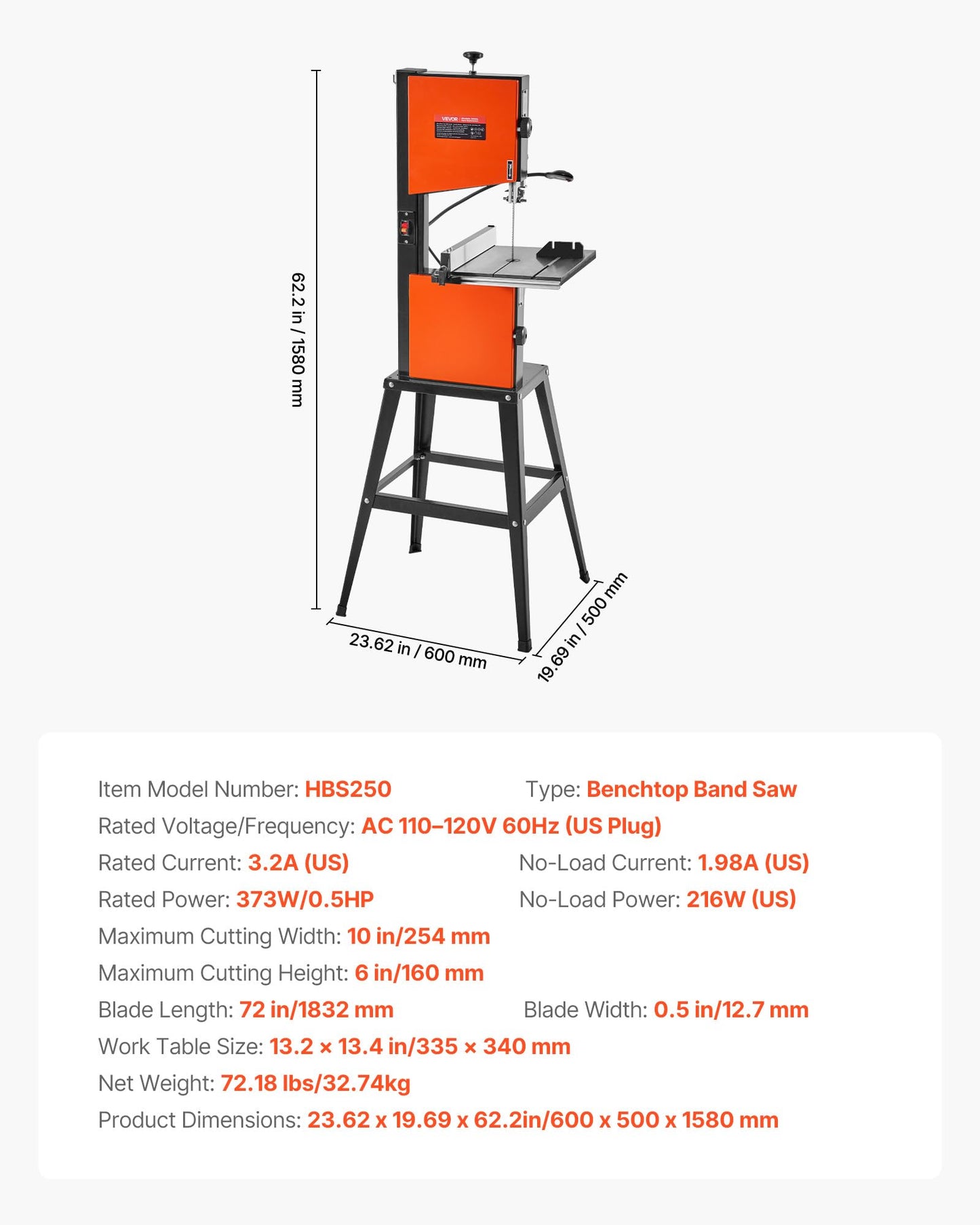 VEVOR Band Saw with Stand, 10-Inch, Two-Speed Benchtop Bandsaw, 373W 1/2 HP, 6 in Max Cutting Height, 13.2 x 13.4 in Cast Iron Table, with 360° Work Light, Miter Gauge, Fence, Band Saw for Woodworking