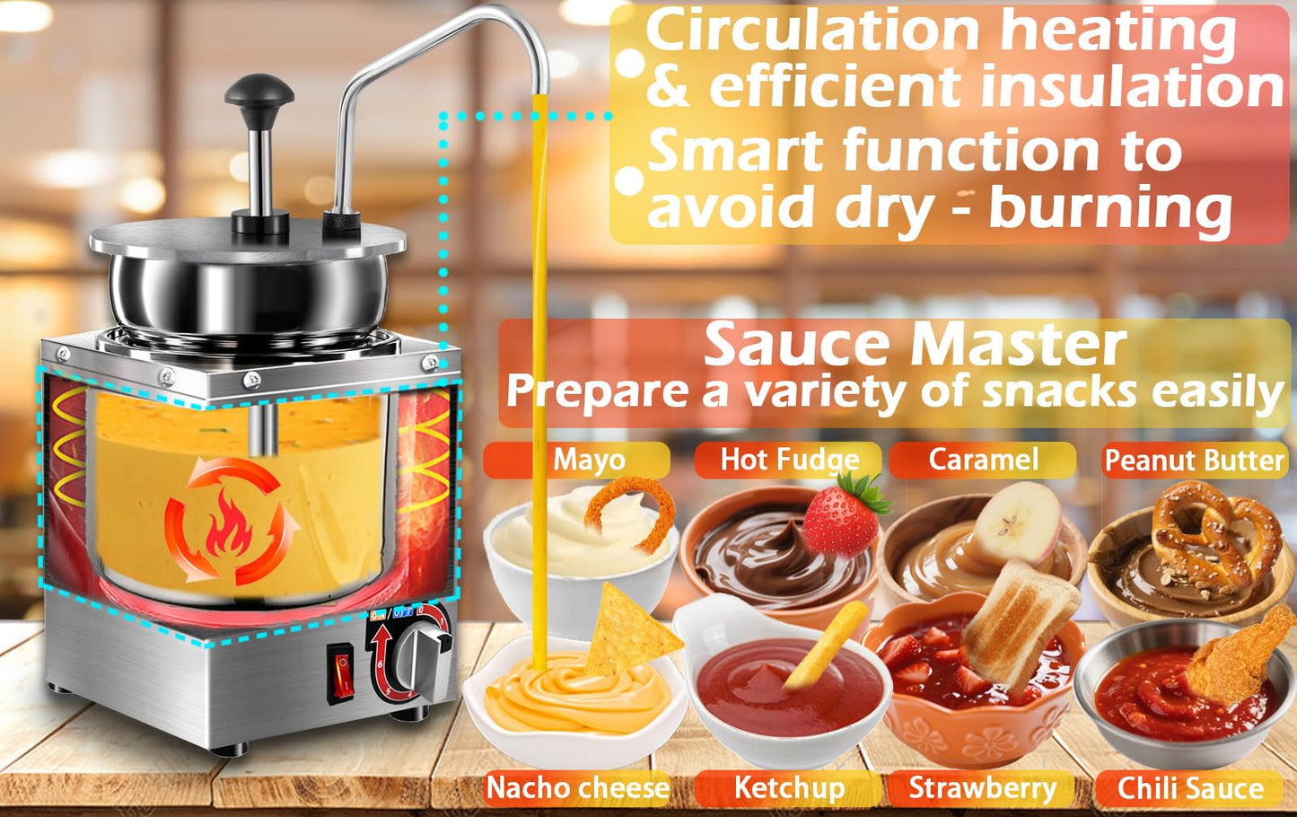 Nacho Cheese Dispenser with Stainless Steel Pump, 4.3 QT Sauce Warmer 86-194℉, 6 Temperature Levels Adjustable Heater,Commercial Hot Fudge Chocolate, Chili, Caramel, Peanut Butter Electric Food Warmer