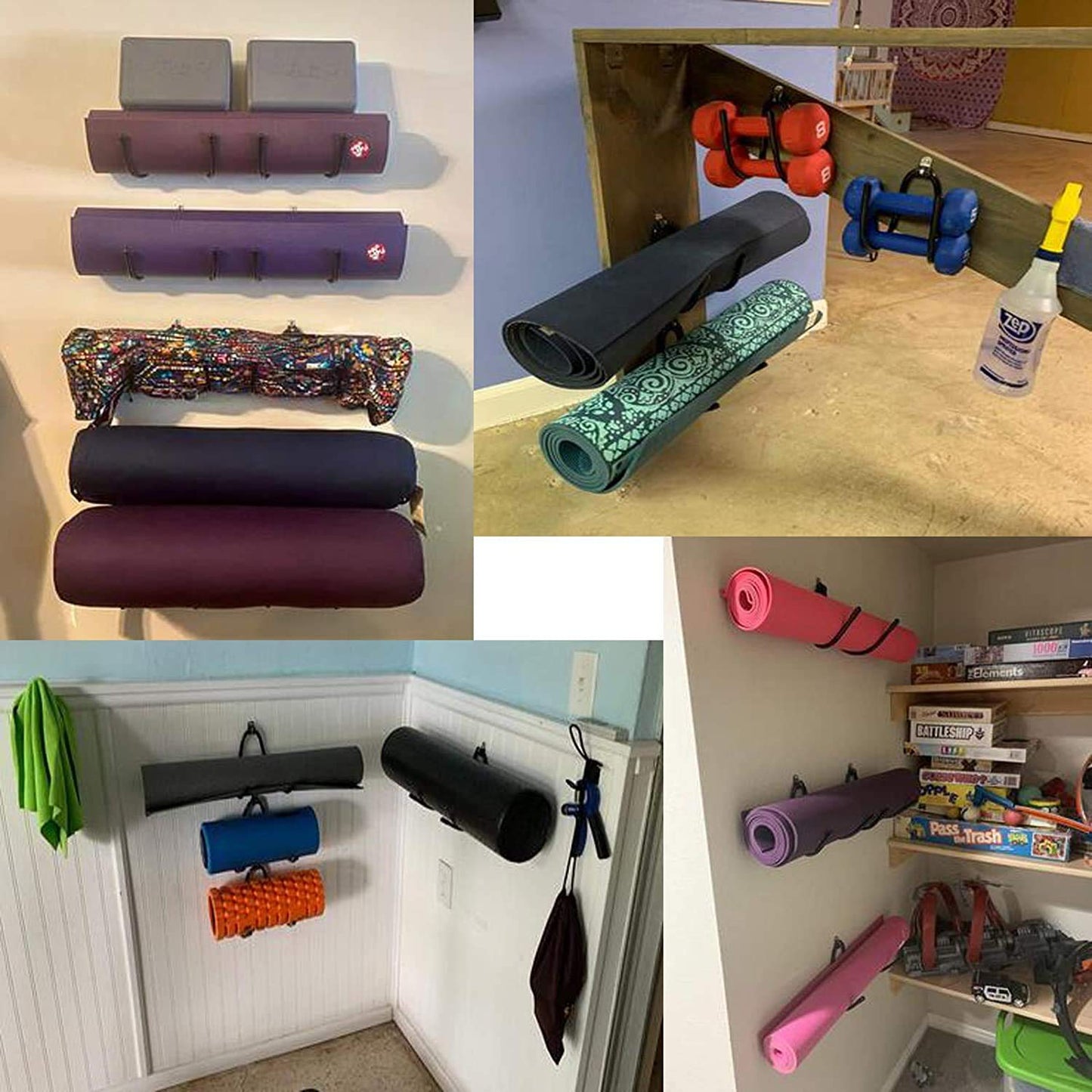 Wall Mount Yoga Mat Foam Roller and Towel Rack Hooks , Exercise Mat Storage Shelf for Hanging Yoga Strap and Resistance Bands at Your Fitness Class or Home Gym, Adjustable Size,Up to 20Lbs - （2 Pack）