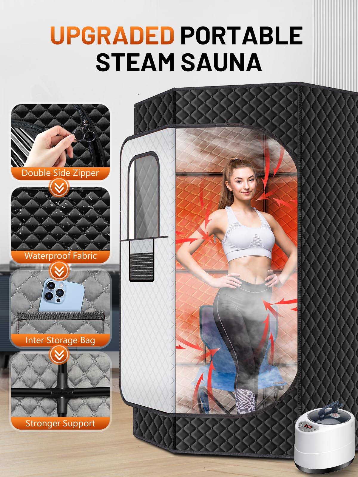 Portable Sauna Box for Home, Personal SPA Steam Sauna with 10 Min Fast Heating & 9 Levels Heat, Warm Sauna Tent with 3L/1500W Steamer, Folding Chair, Remote Control for Body Relaxation