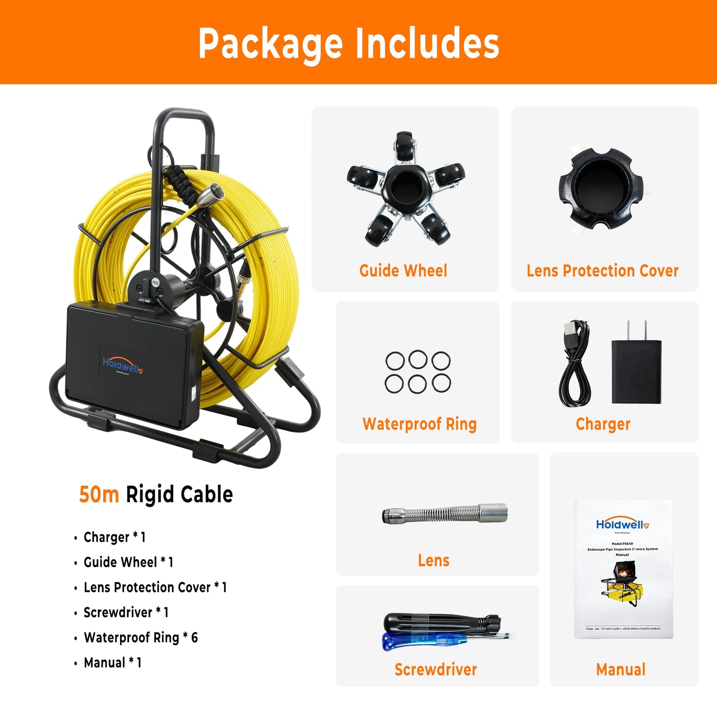 Holdwell S Sewer Camera 165ft/50m Borescopes Plumbing 4.3" HD Color Screen Waterproof IP68 Borescope Camera with Distance Counter Light 8500Mah Battery Light for Home Wall Duct Drain Pipe Plumbing