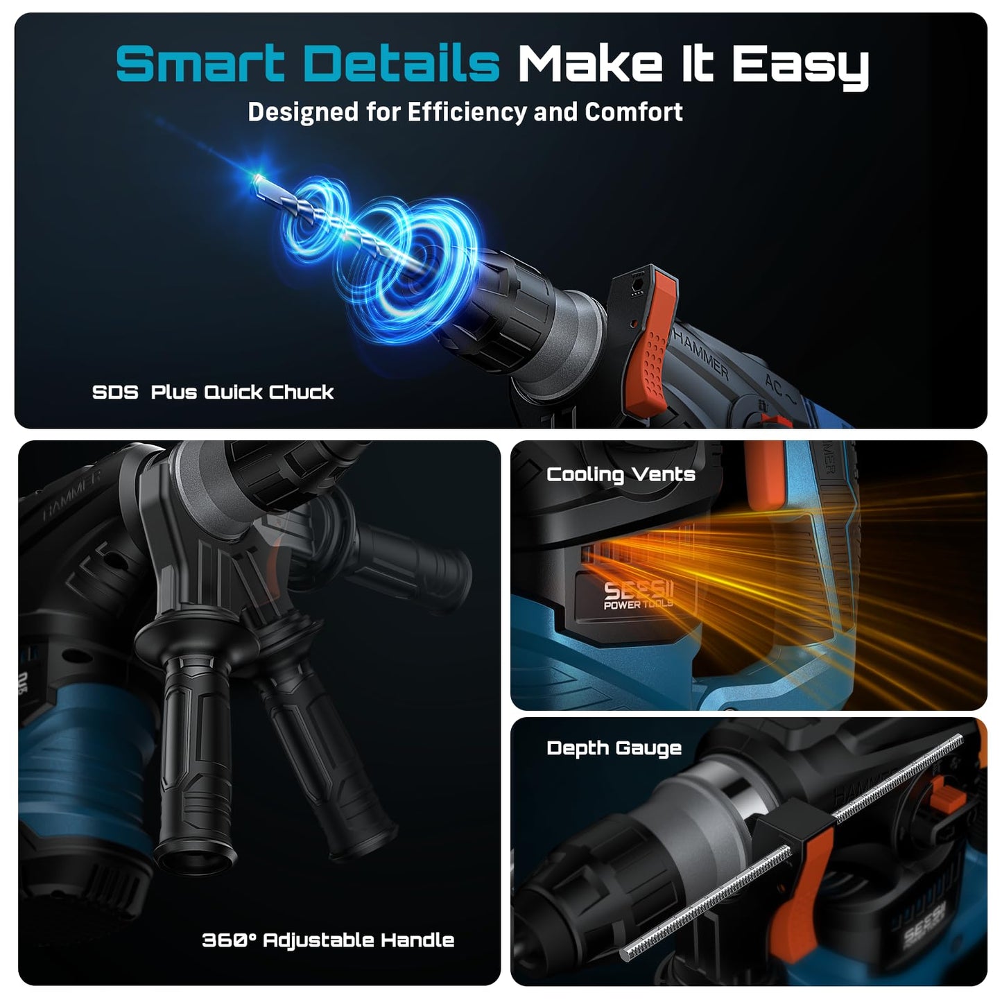 Seesii Heavy Duty Rotary Hammer: 13 Amp 1-1/4" SDS-Plus Demolition Hammer Drill for Concrete, Brick & Stone, 6J Power with 4 Functions, Safety Clutch & Reduced Vibration, with Drill Bits and Chisels