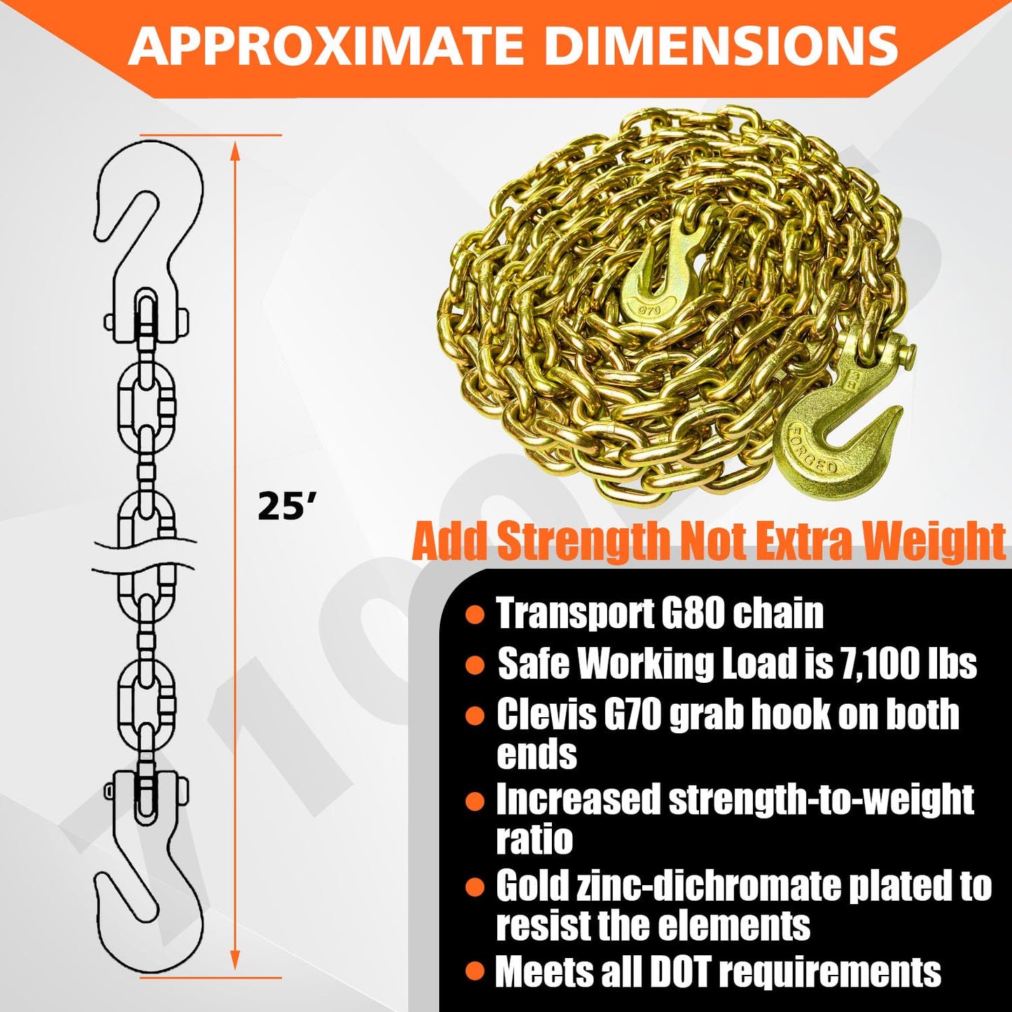 YATOINTO G80 Transport Binder Chain 3/8 Inch x 25 Foot Safety/Binder Chain with Clevis Grab Hooks 7,100 lbs Safe Working Load Logging Chain for Transporting Towing Tie Down Binding Equipment