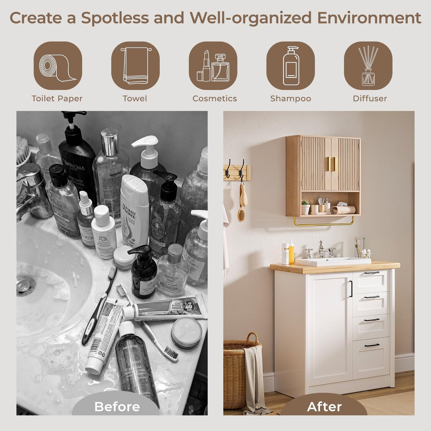 Memobarco Bathroom Wall Cabinet, Medicine Cabinet with Fluted Door & Adjustable Shelf, Over the Toilet Storage Cabinet with Towel Bar, Cabinet Wall Mount for Laundry Room & Kitchen, Wood