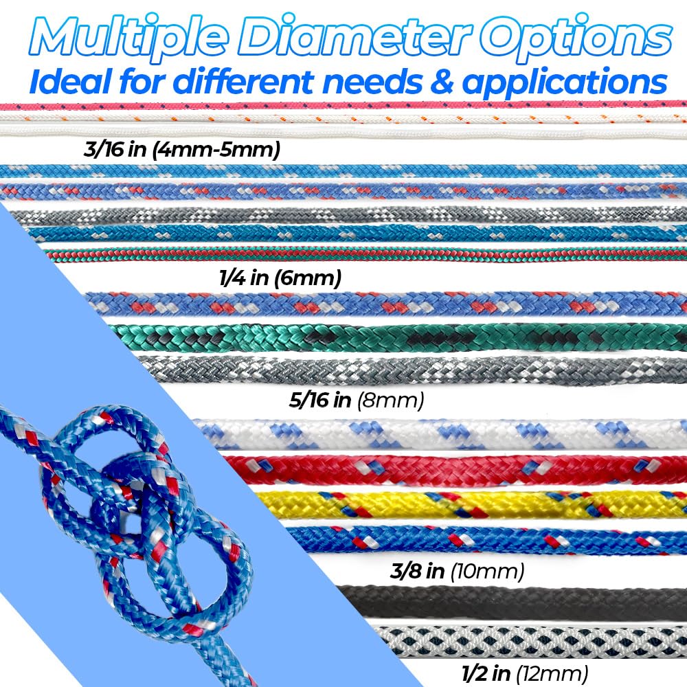 Diamond Braided Polypropylene Rope, 16-Strand Lightweight Floating Utility Rope for Camping, Marine, Flag Pole, Indoor and Outdoor Use (Blue/White, 1/4in X 35FT)