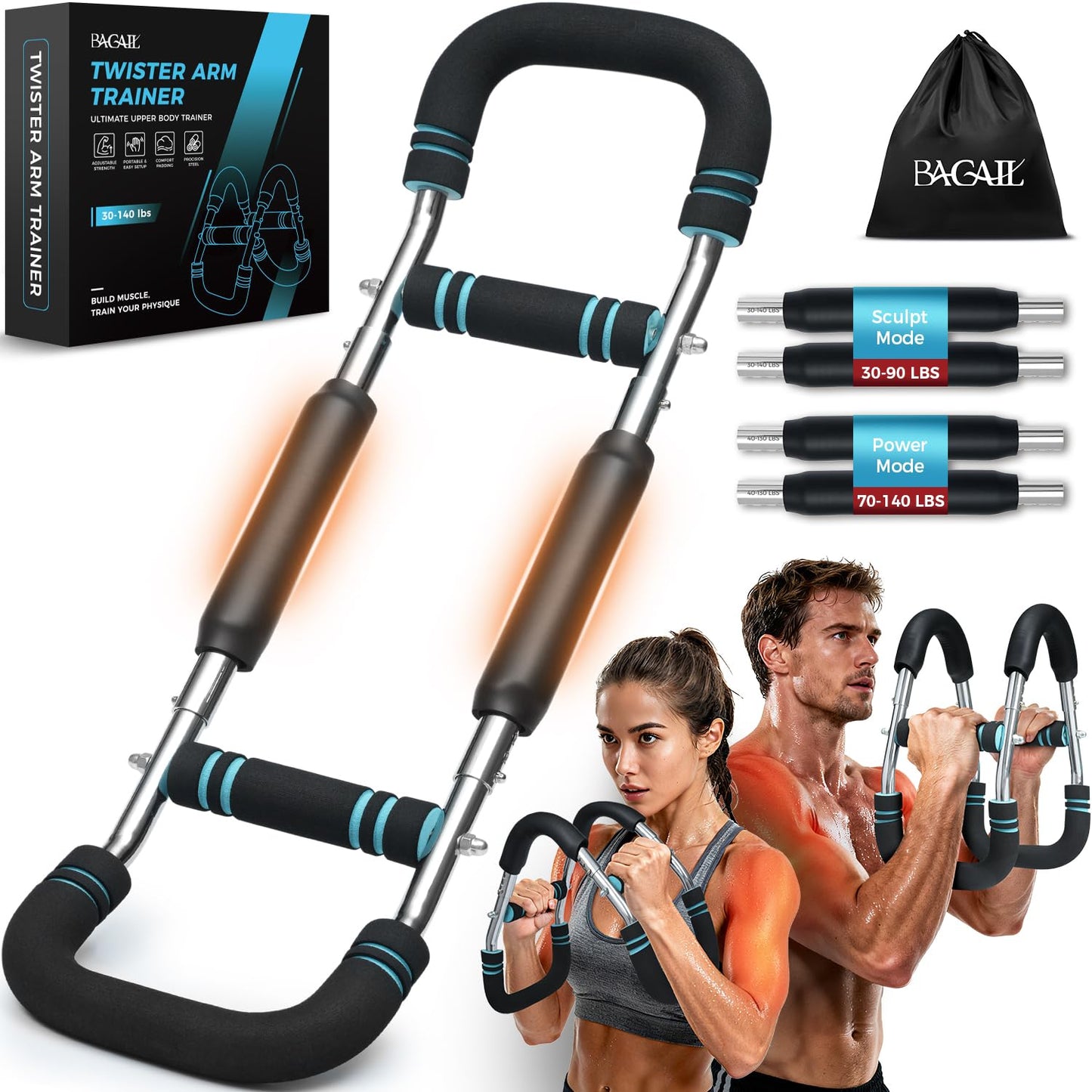 BAGAIL Twister Arm Trainer, 9-Level Resistance (30-140 lbs) for Chest & Arm Workout, Home Gym Strength Training Equipment with Ergonomic Grips & Carry Bag for Men and Women