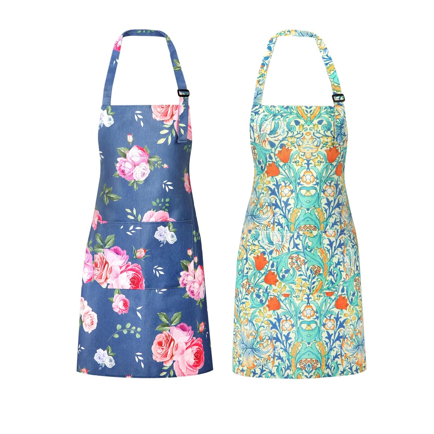 QuQuRuan Floral Apron for Women with Pockets Cotton Canvas Waterproof Apron Cooking Baking Painting Gift (Blue and Red)
