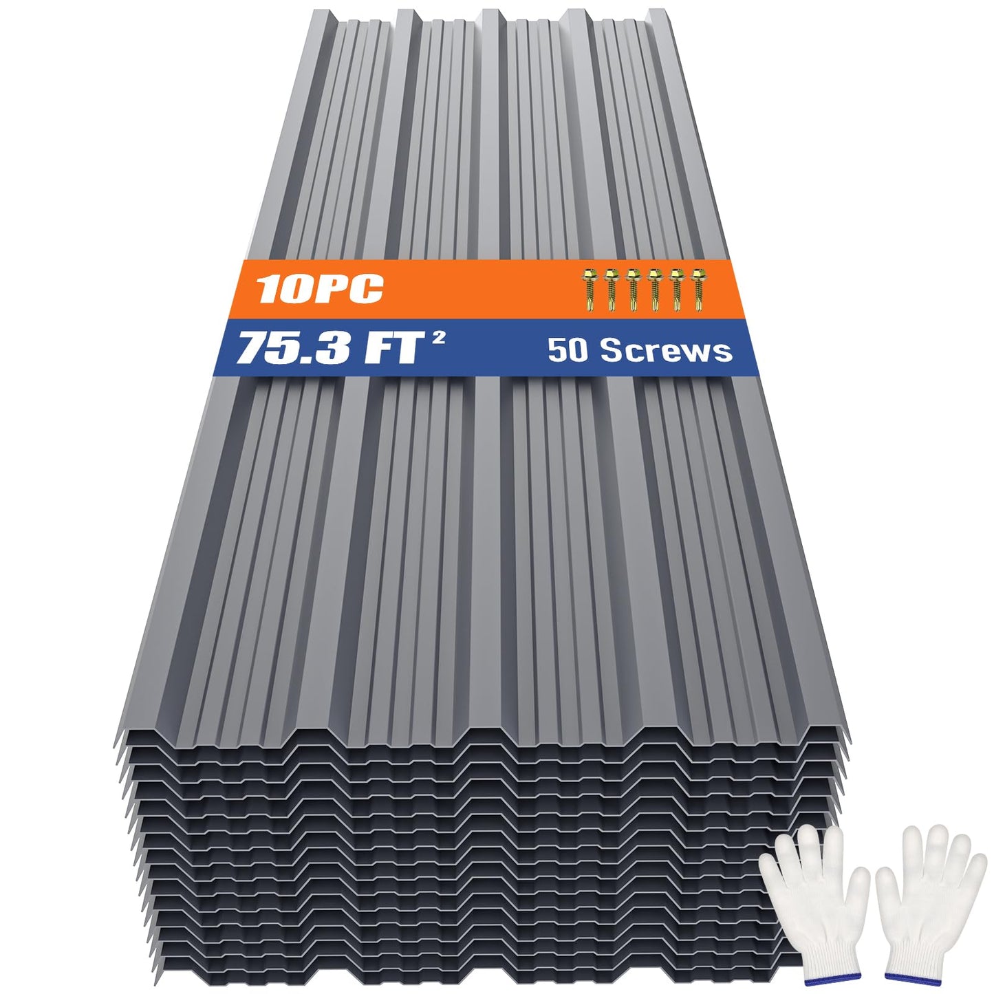 Brakki Corrugated Metal Roofing Panels 10pcs 75.3 ft², Grey Galvanized Steel Roof Panels with Screw, Heavy Duty Metal Siding Suitable for Garages Chicken Coop Sheds Stables Patio
