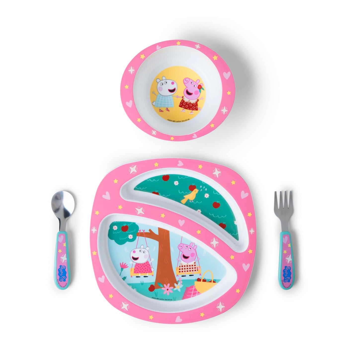 The First Years Peppa Pig Toddler Dinnerware Set - Includes Plate, Divided Bowl, and Utensils - Dishwasher Safe Feeding Supplies Made without BPA - 4 Count