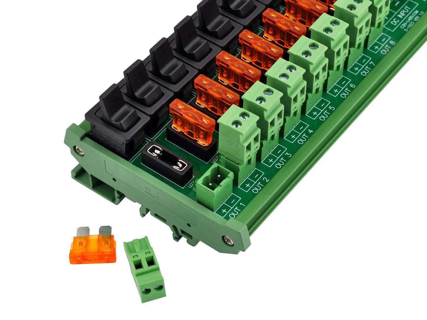 DC Power Distribution Module, Rocker Switch, Fused, Pluggable Top Wiring Terminal Block, DIN Rail and Screw Mount (16 Channel)