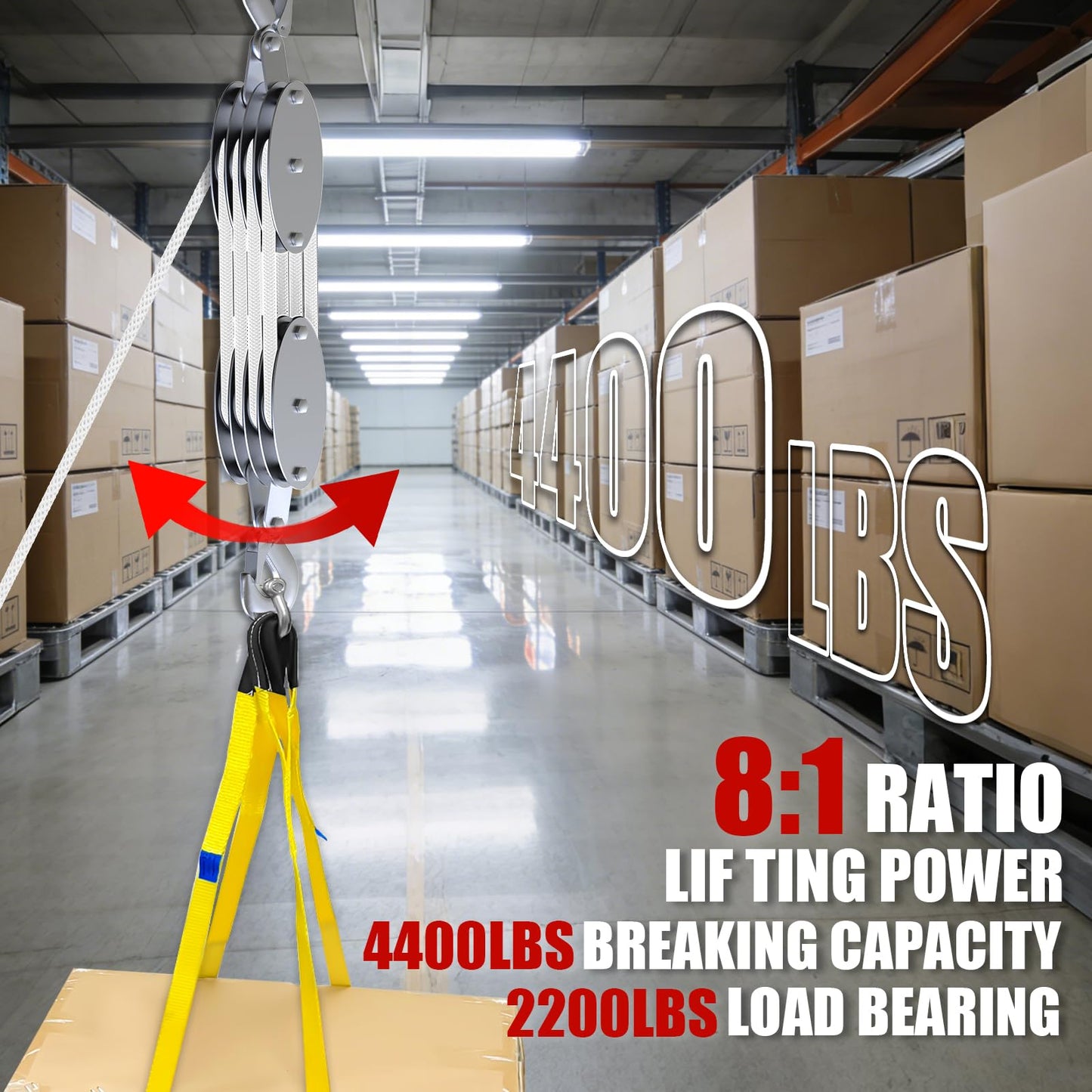 YATOINTO Upgraded Rope Pulley Hoist 4400 LB, 8:1 Pulley Block and Tackle System, Pulley Block 2200LB Loading Capacity, 65ft Heavy Duty Rope Hoist for Hunting Garage Warehouse (with 2PCs Straps)