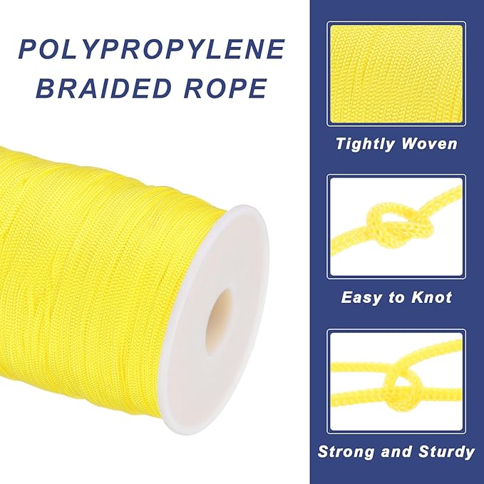 MECCANIXITY 1/12 Inch Polypropylene Rope Braided Ropes, 328ft Nylon Rope Hollow Utility Cord for Clothesline, Camping, Hiking, Outdoor, Yellow